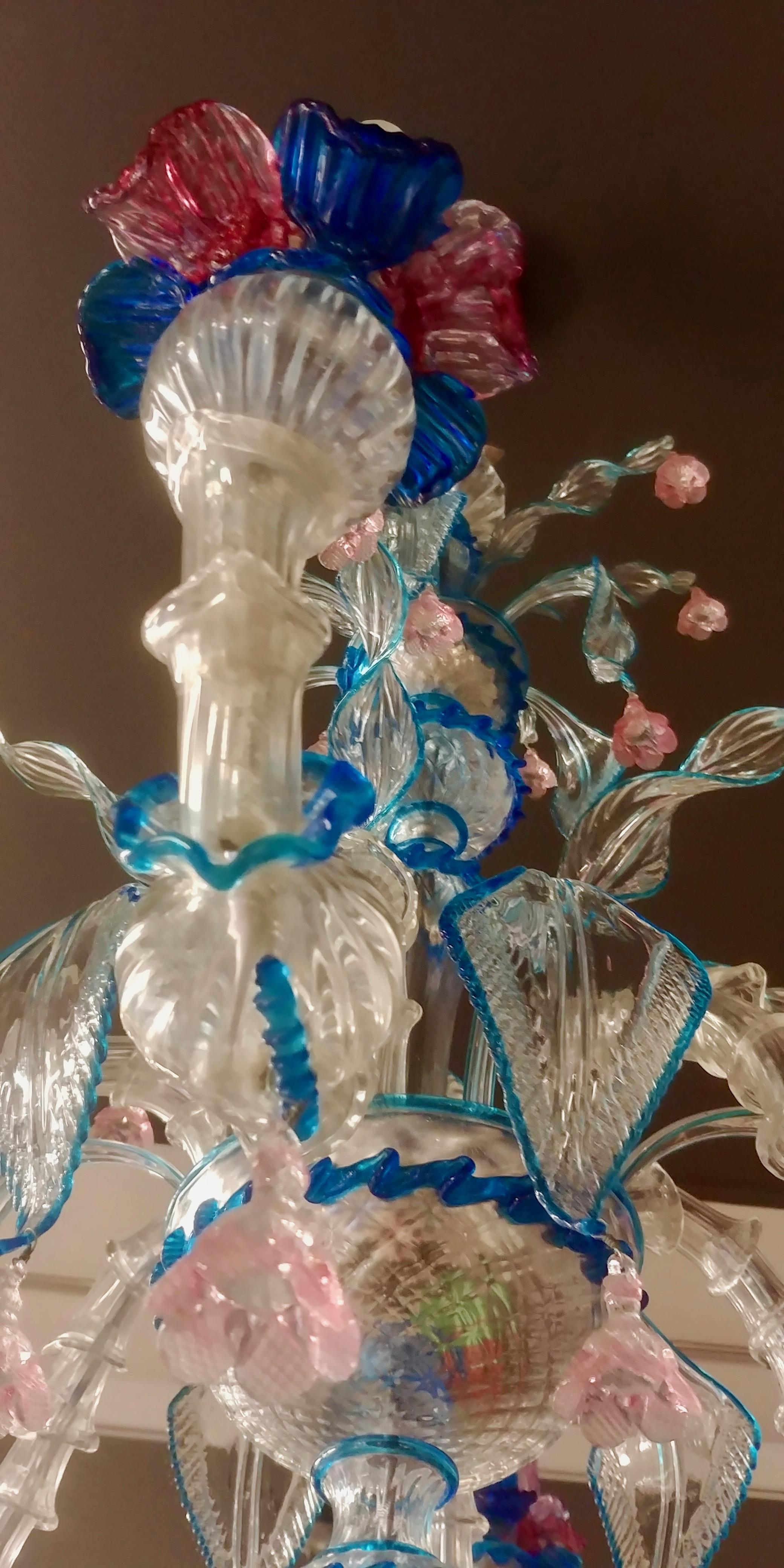 Andromeda Baroque Style Hand-Crafted Blue and Pink Murano Glass Chandelier, 1993 (Ende des 20. Jahrhunderts) im Angebot
