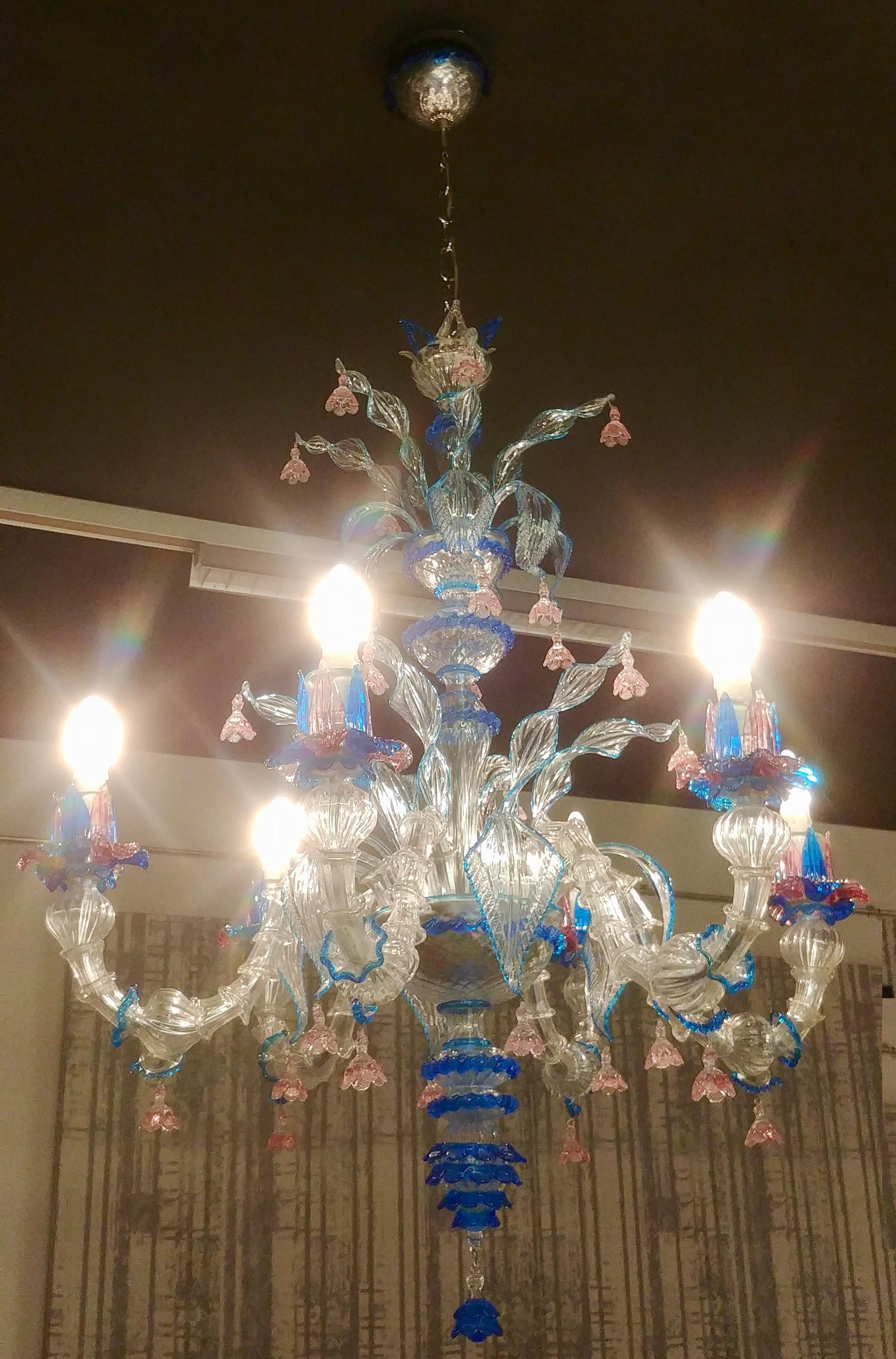 Andromeda Baroque Style Hand-Crafted Blue and Pink Murano Glass Chandelier, 1993 For Sale 2