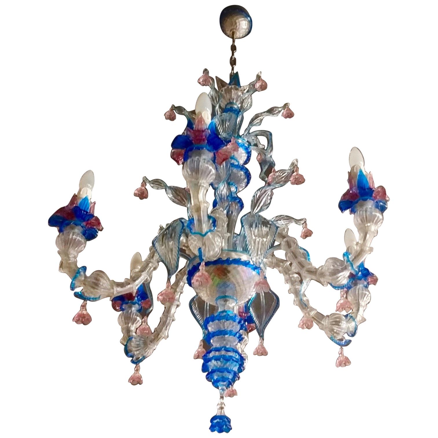 Andromeda Baroque Style Hand-Crafted Blue and Pink Murano Glass Chandelier, 1993 For Sale