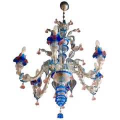 Andromeda Baroque Style Hand-Crafted Blue and Pink Murano Glass Chandelier, 1993