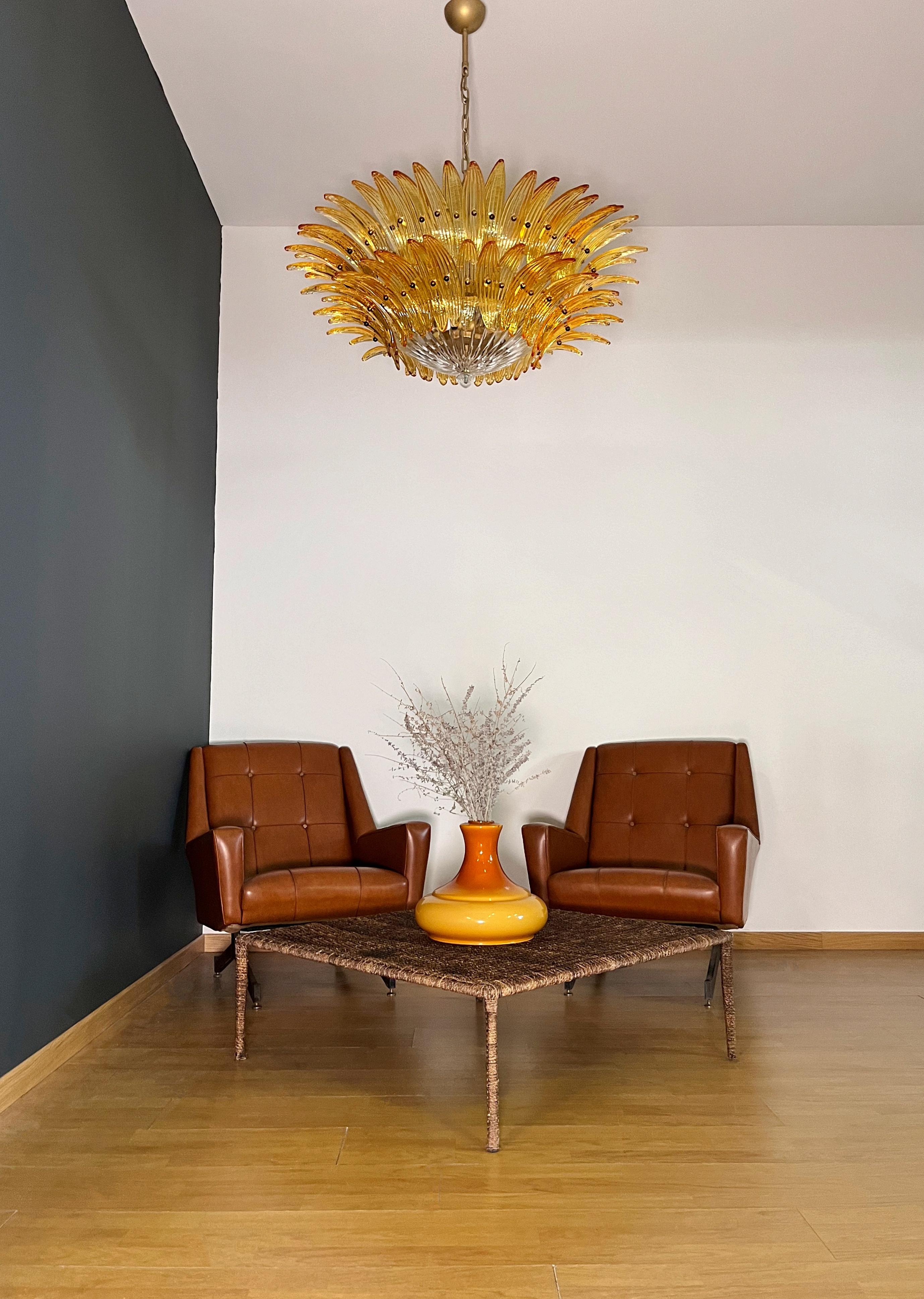 Mid-Century Modern Murano Chandelier/ceiling light Original Palmette, two levels, 82 amber glasses