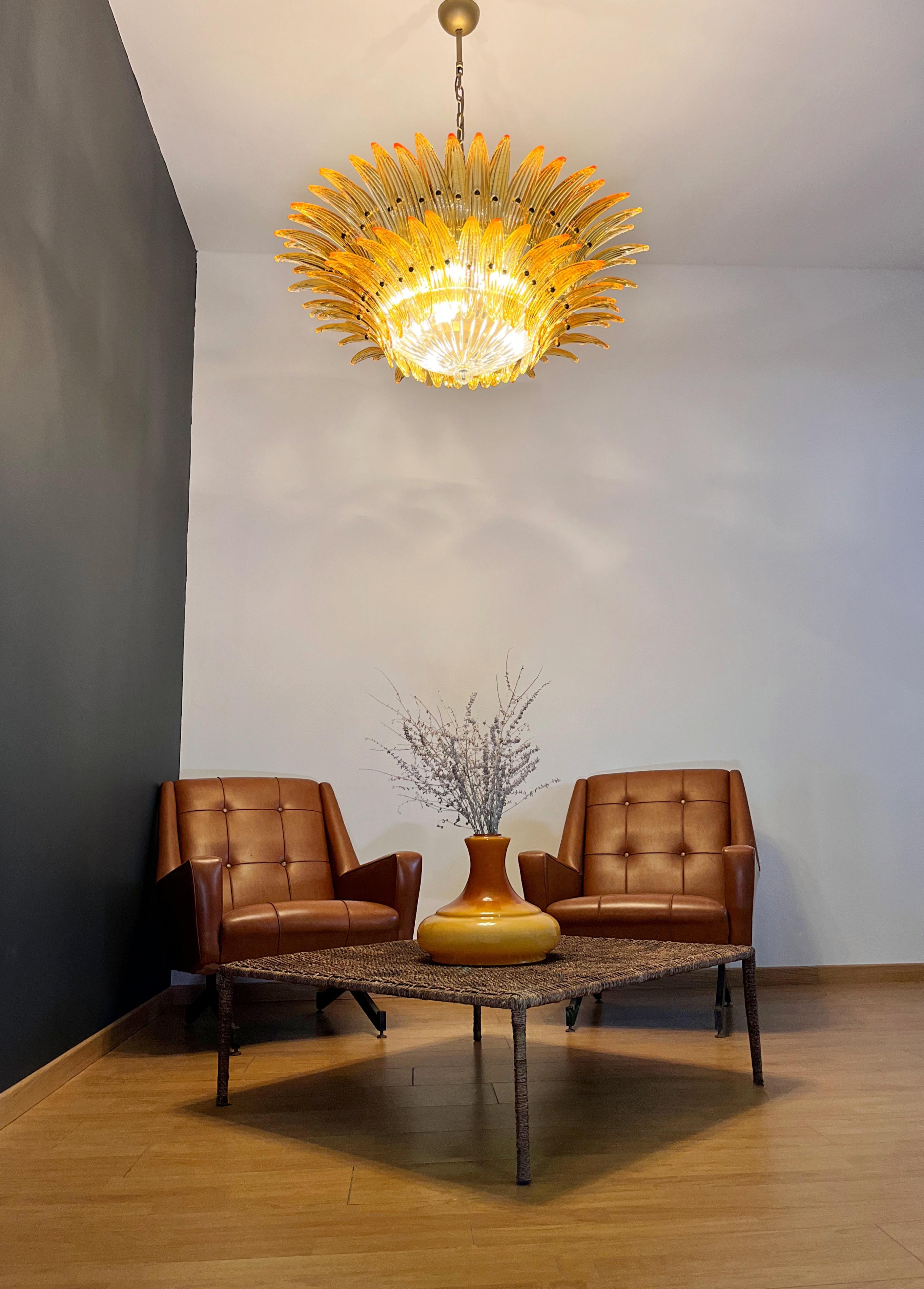 Italian Murano Chandelier/ceiling light Original Palmette, two levels, 82 amber glasses