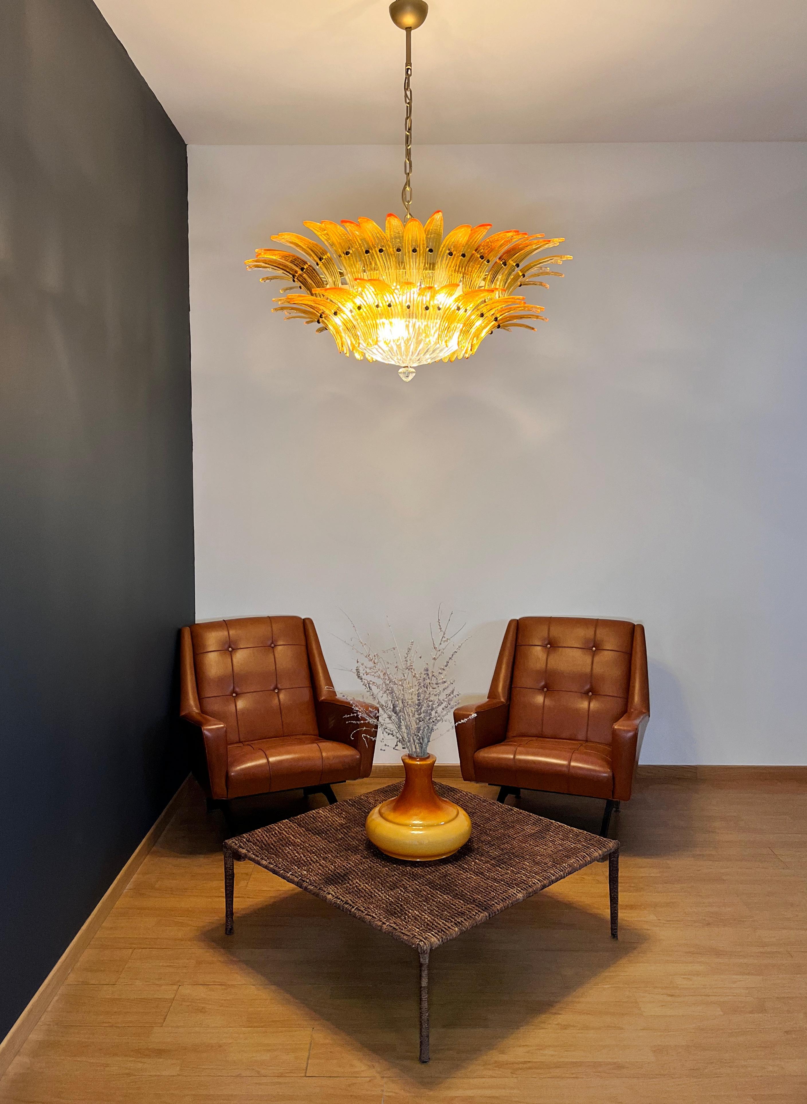 Galvanized Murano Chandelier/ceiling light Original Palmette, two levels, 82 amber glasses