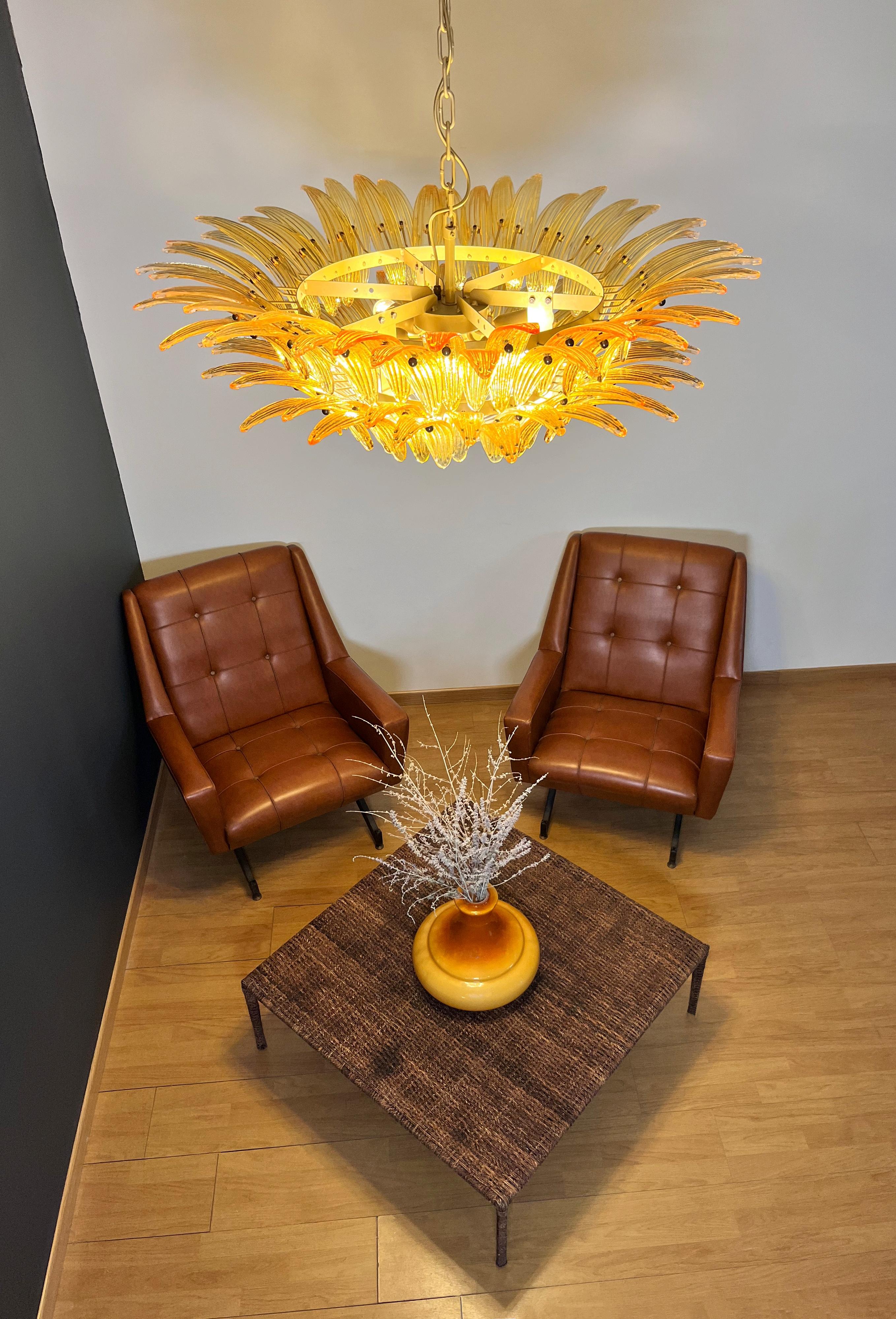 Murano Chandelier/ceiling light Original Palmette, two levels, 82 amber glasses In Good Condition In Gaiarine Frazione Francenigo (TV), IT