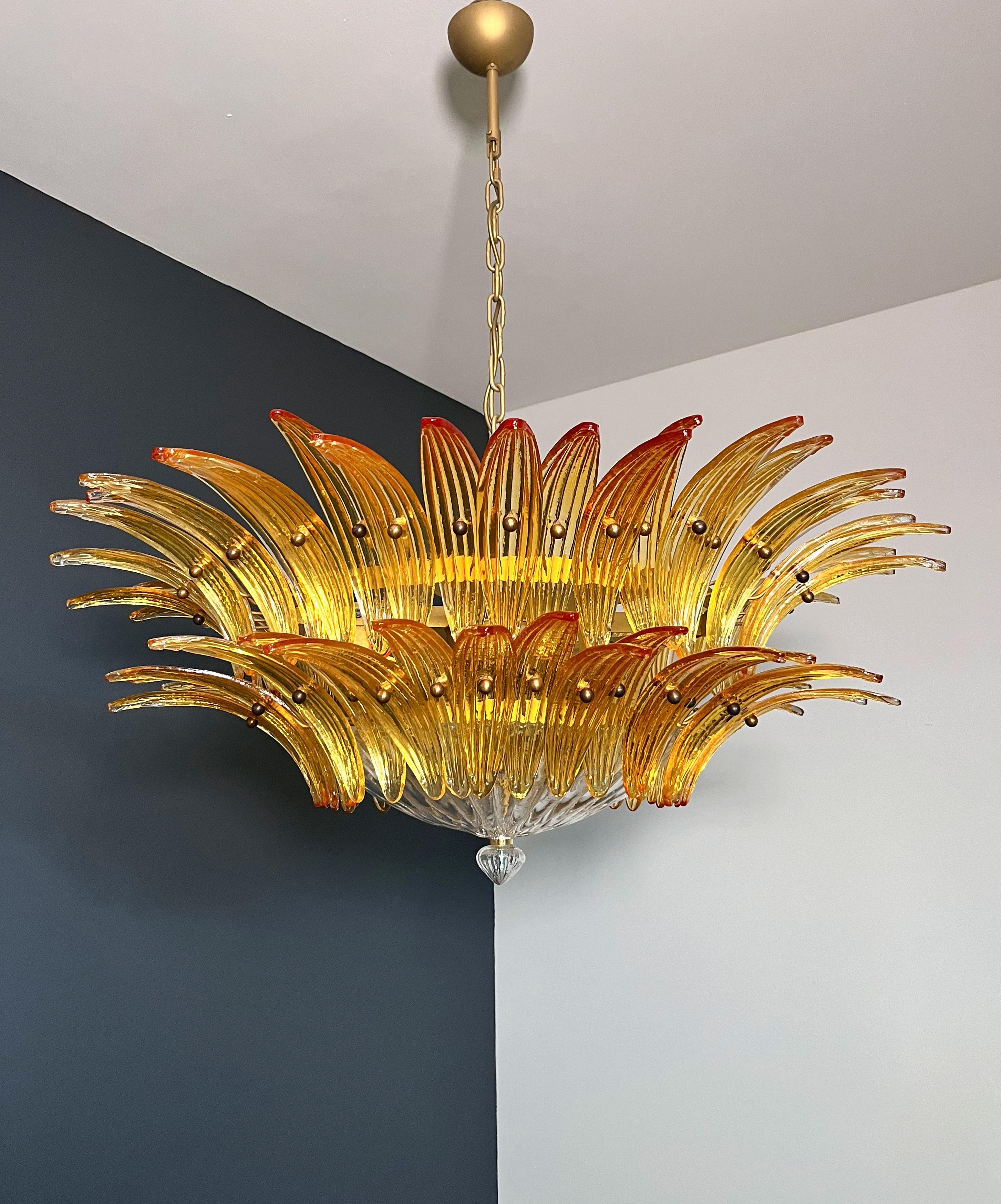 20th Century Murano Chandelier/ceiling light Original Palmette, two levels, 82 amber glasses