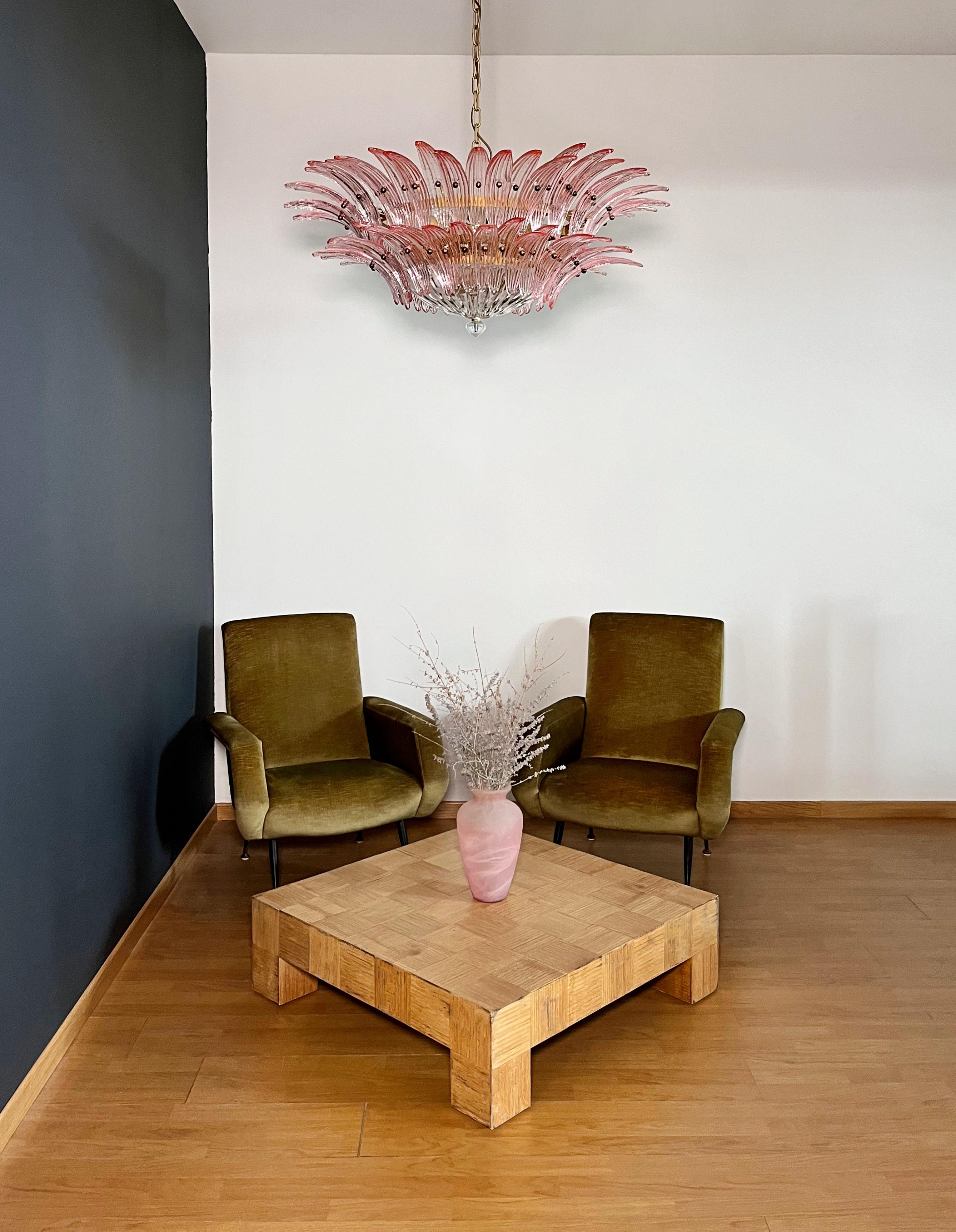 Mid-Century Modern Murano Chandelier / ceiling light Original Palmette, two levels, 82 pink glasses