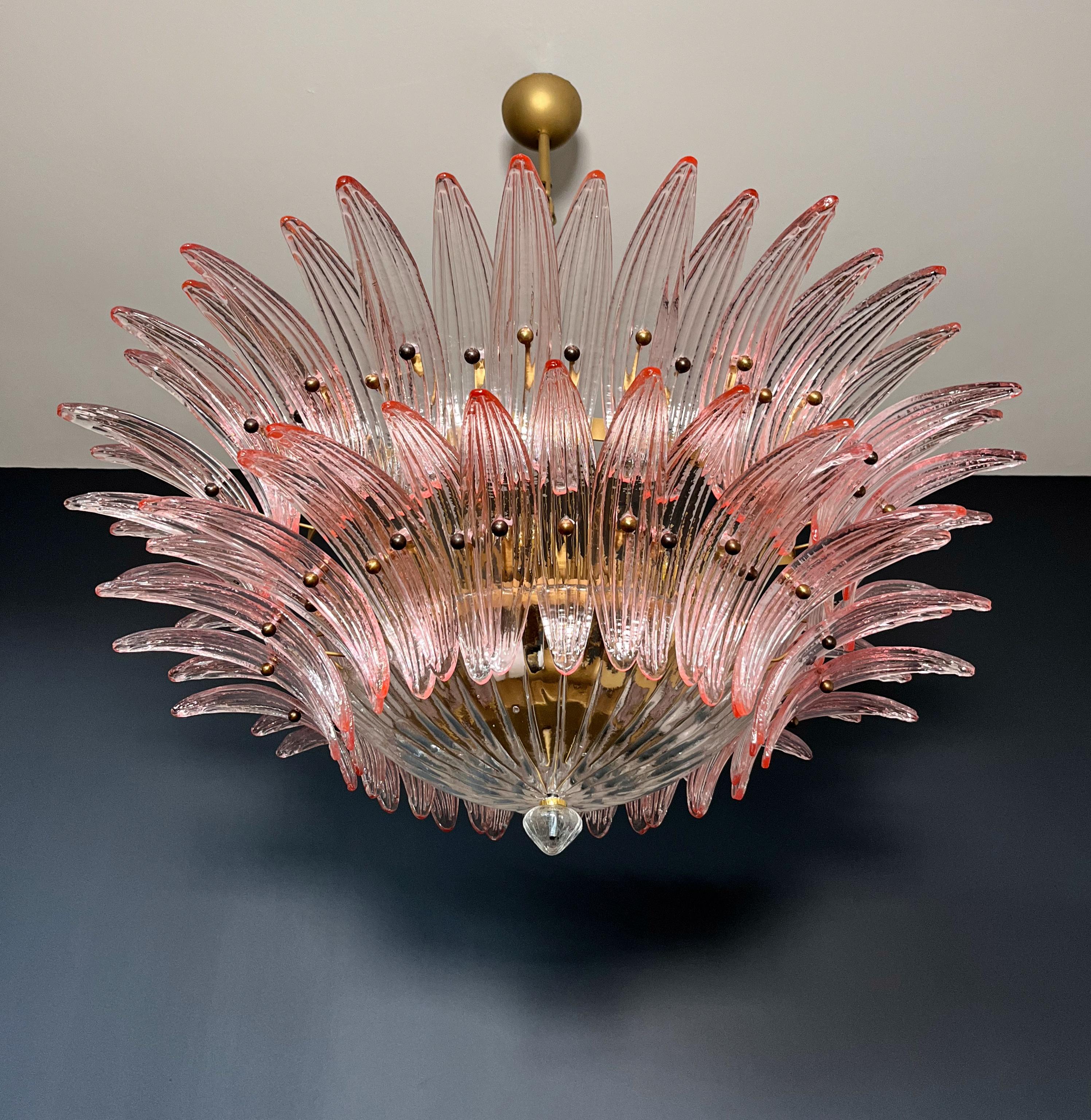 20th Century Murano Chandelier / ceiling light Original Palmette, two levels, 82 pink glasses