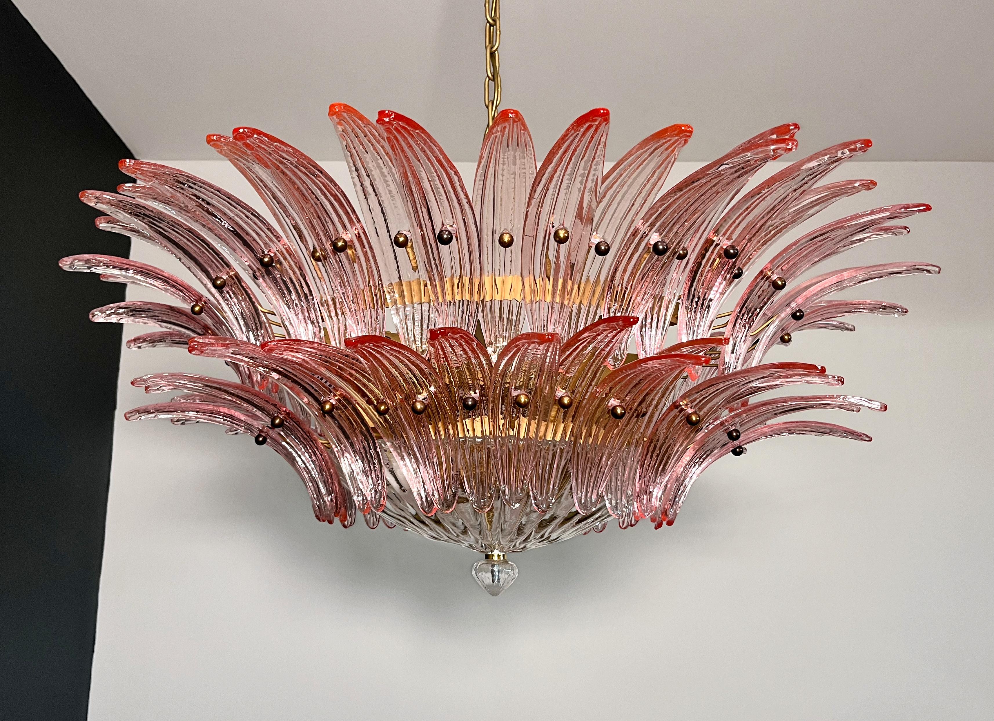 Art Glass Murano Chandelier / ceiling light Original Palmette, two levels, 82 pink glasses