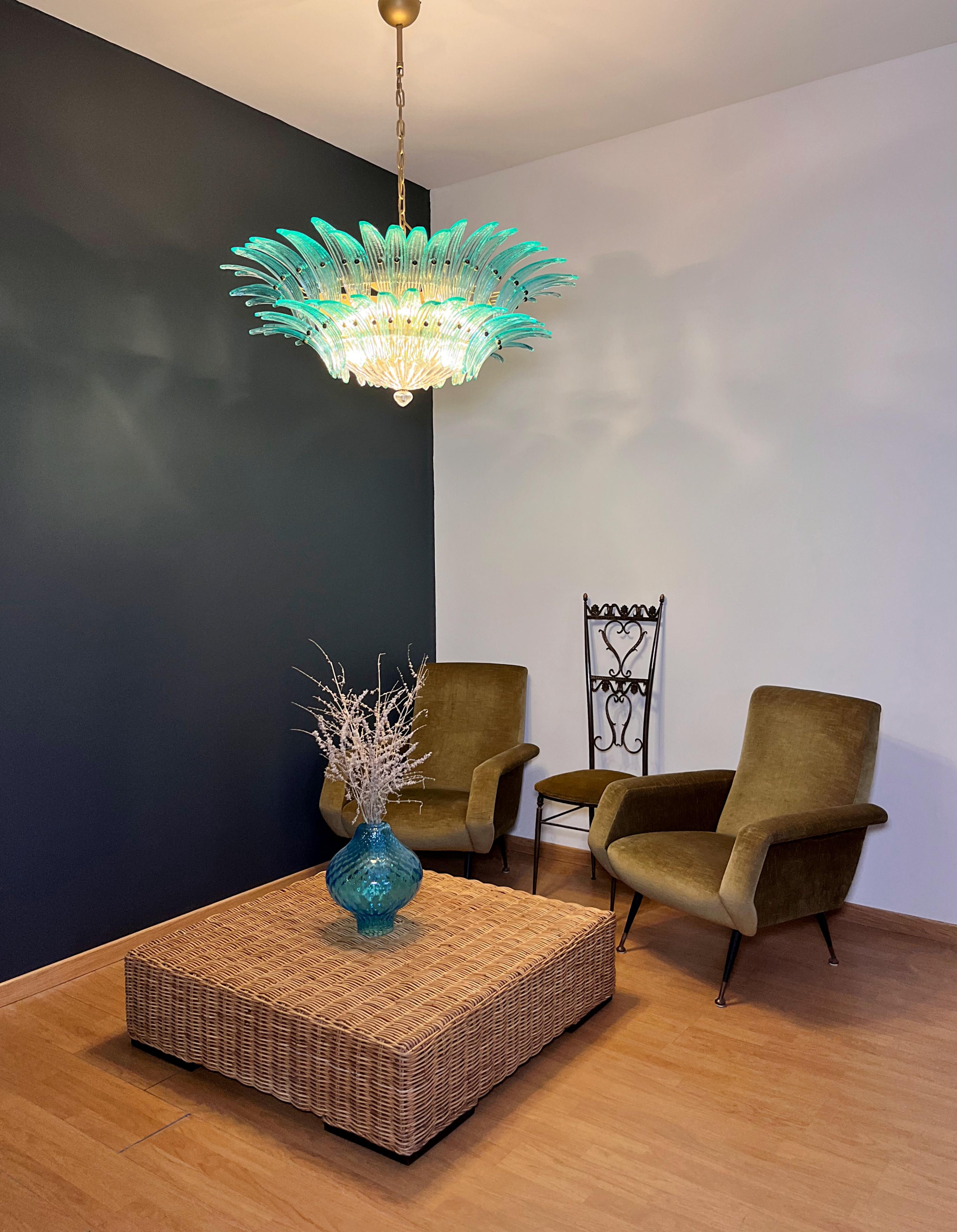 Galvanized Murano Chandelier/ceiling light Original Palmette, two levels, 82 turquoise glas