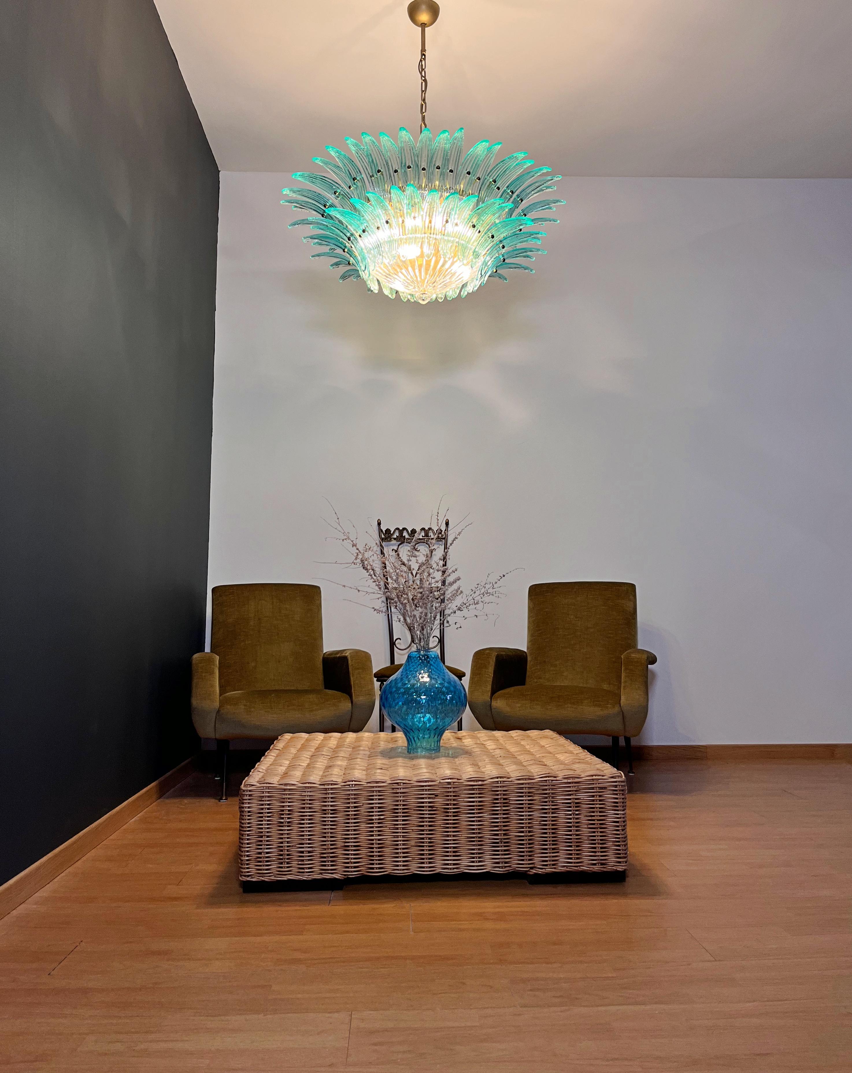 Murano Chandelier/ceiling light Original Palmette, two levels, 82 turquoise glas In Good Condition In Gaiarine Frazione Francenigo (TV), IT