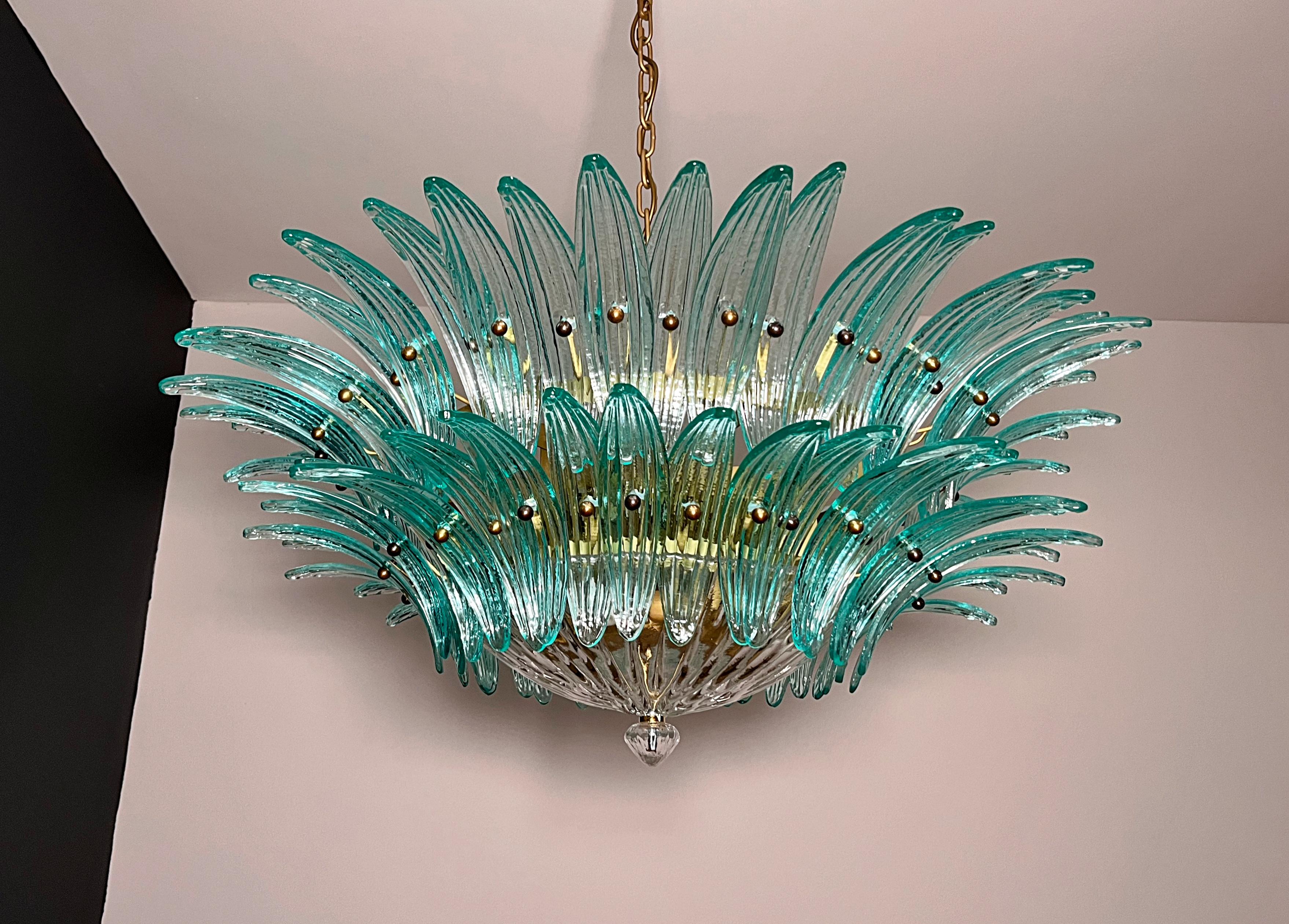 Art Glass Murano Chandelier/ceiling light Original Palmette, two levels, 82 turquoise glas
