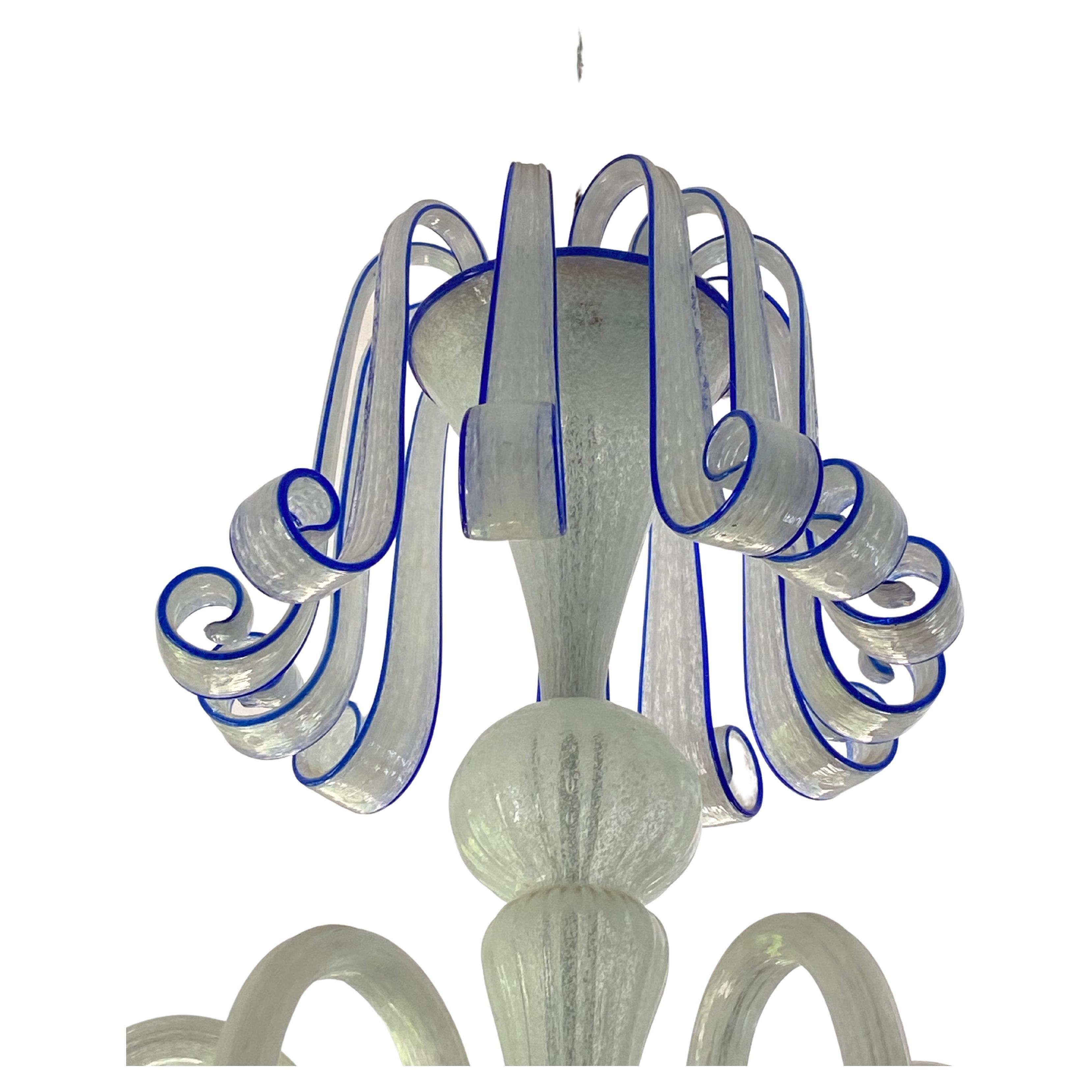Italian Murano 1940's Chandelier opaline seeded white with Cobalt Blue accent For Sale