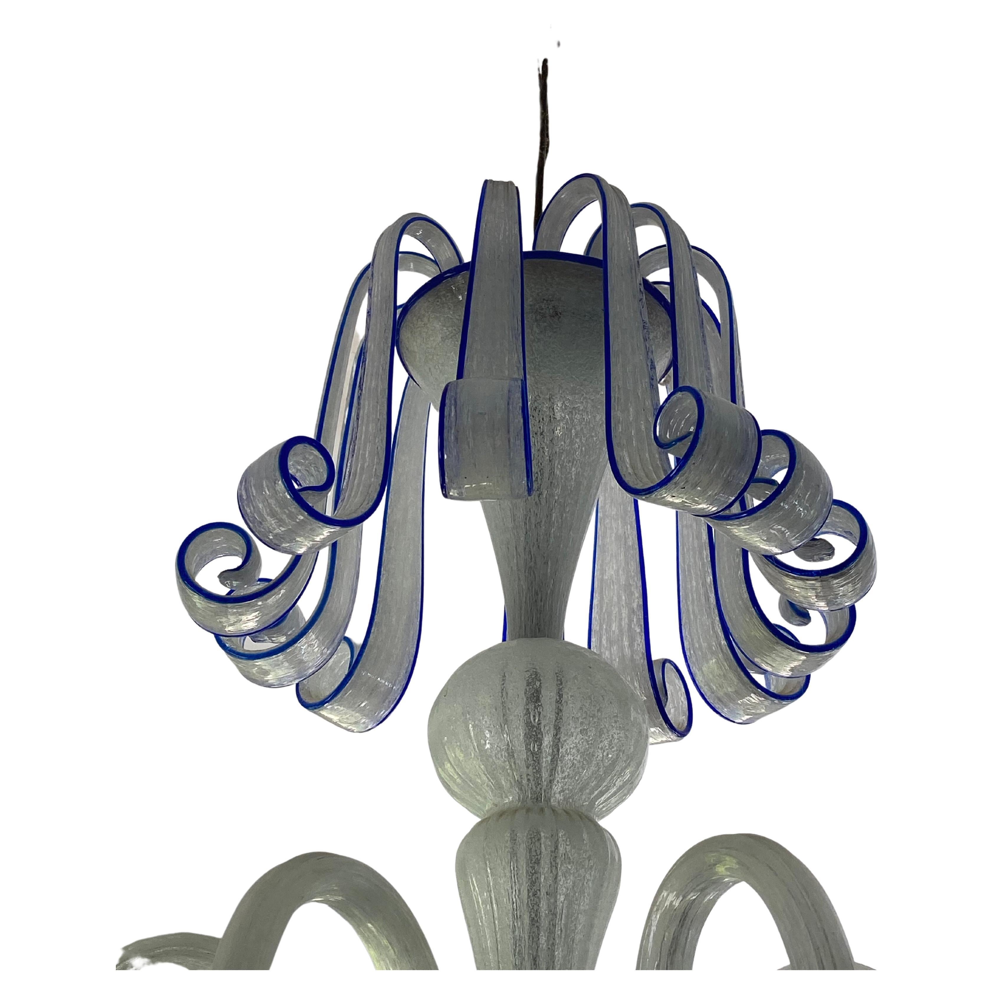 Murano 1940's Chandelier opaline seeded white with Cobalt Blue accent In Good Condition For Sale In Ballard, CA