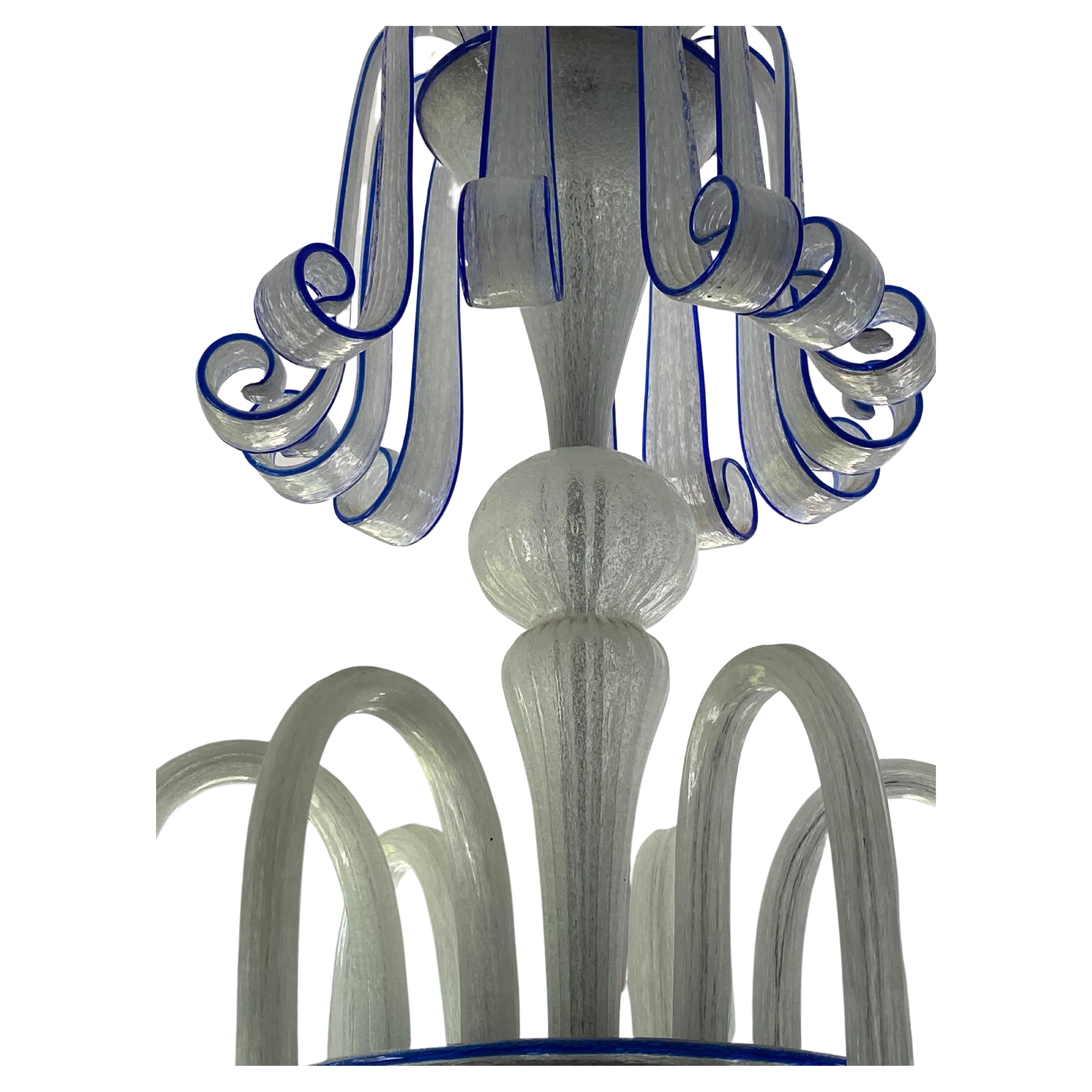 20th Century Murano 1940's Chandelier opaline seeded white with Cobalt Blue accent For Sale