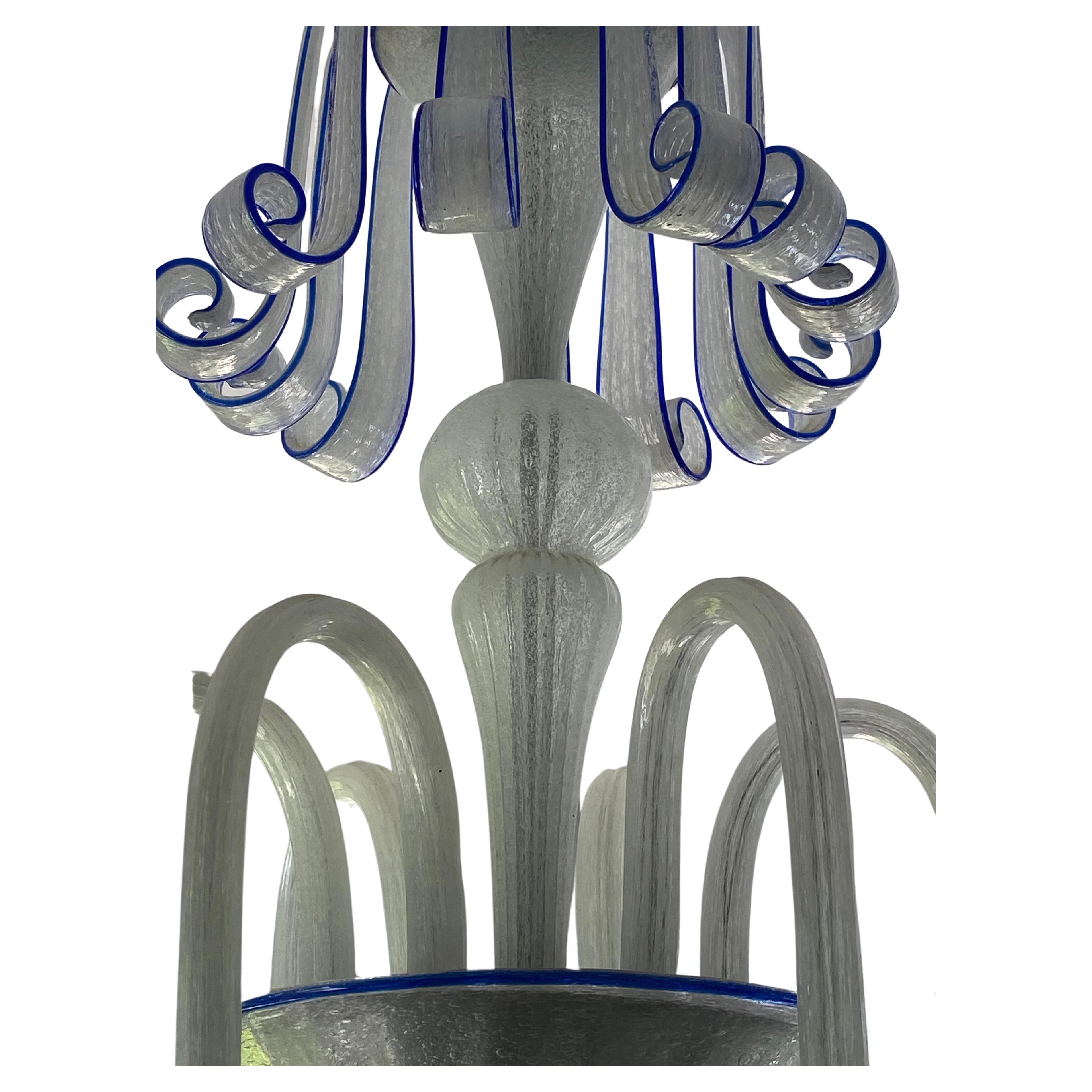 Blown Glass Murano 1940's Chandelier opaline seeded white with Cobalt Blue accent For Sale