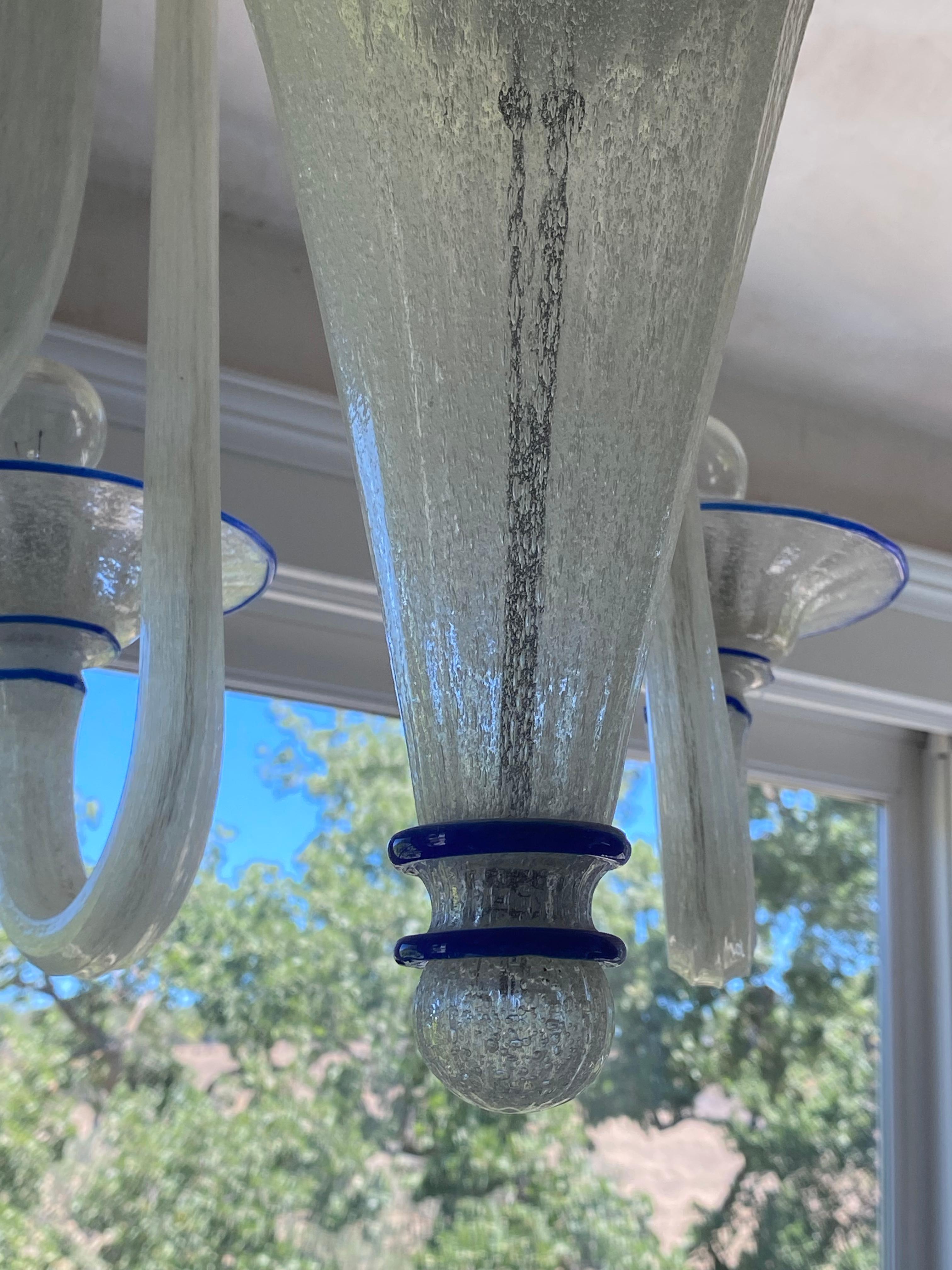 Murano 1940's Chandelier opaline seeded white with Cobalt Blue accent For Sale 1