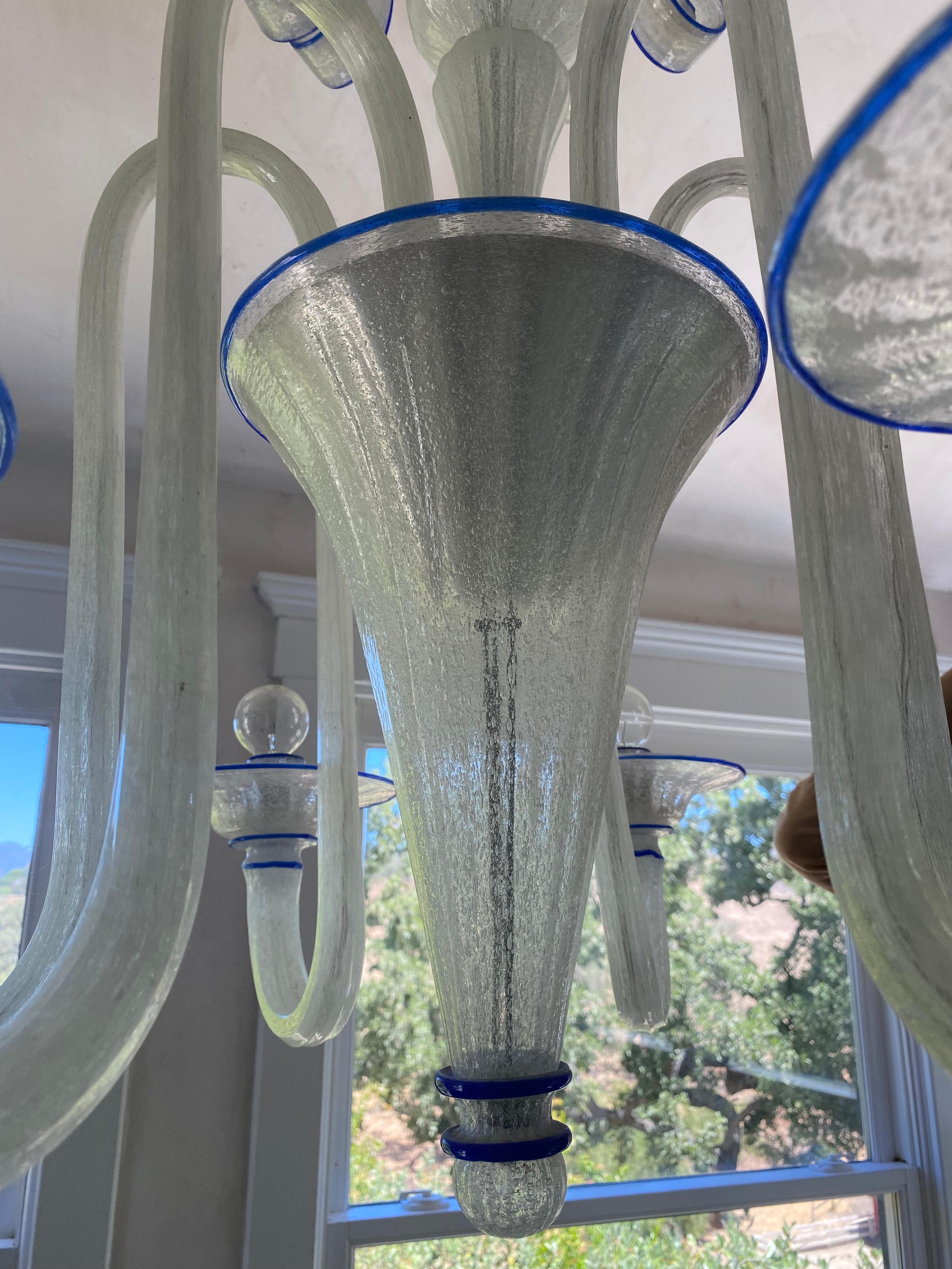 Murano 1940's Chandelier opaline seeded white with Cobalt Blue accent For Sale 4
