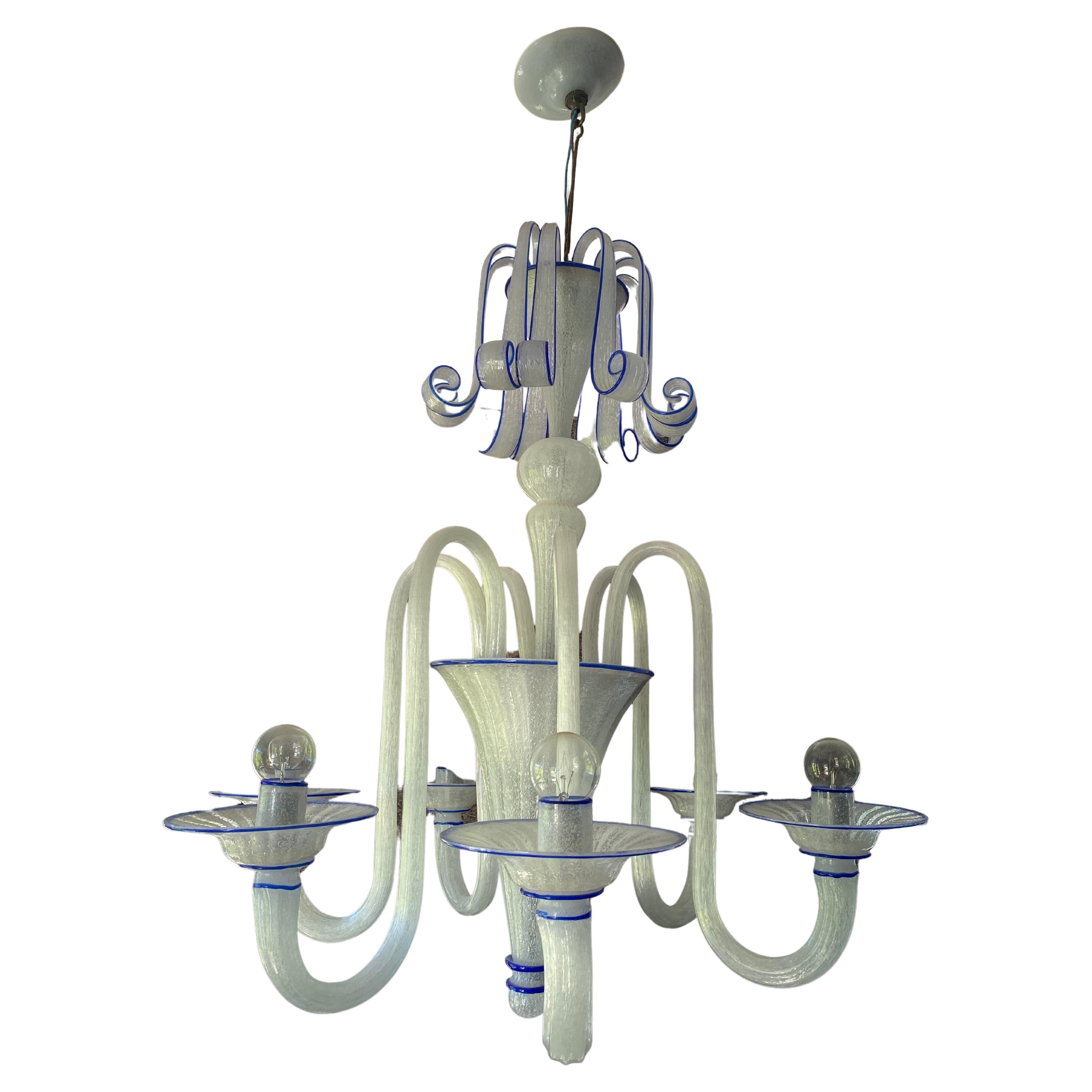 Murano 1940's Chandelier opaline seeded white with Cobalt Blue accent For Sale