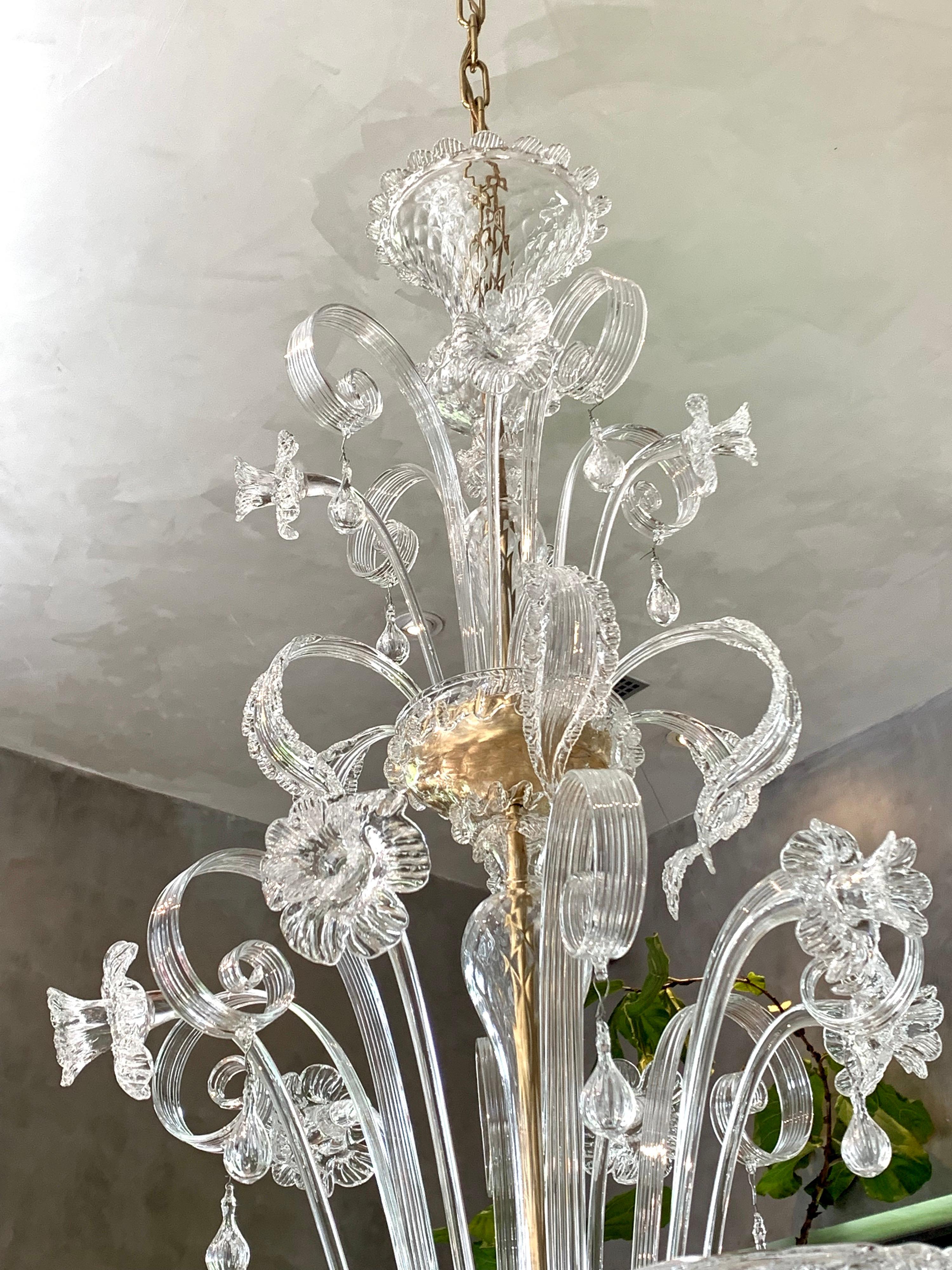 This hand blown clear crystal eight arm chandelier was made in Italy on the Island of Murano outside of Venice, known for it's superlative craftsmanship in glassworks dating back to the late 1200s.
This spectacular chandelier resembles a three-tier