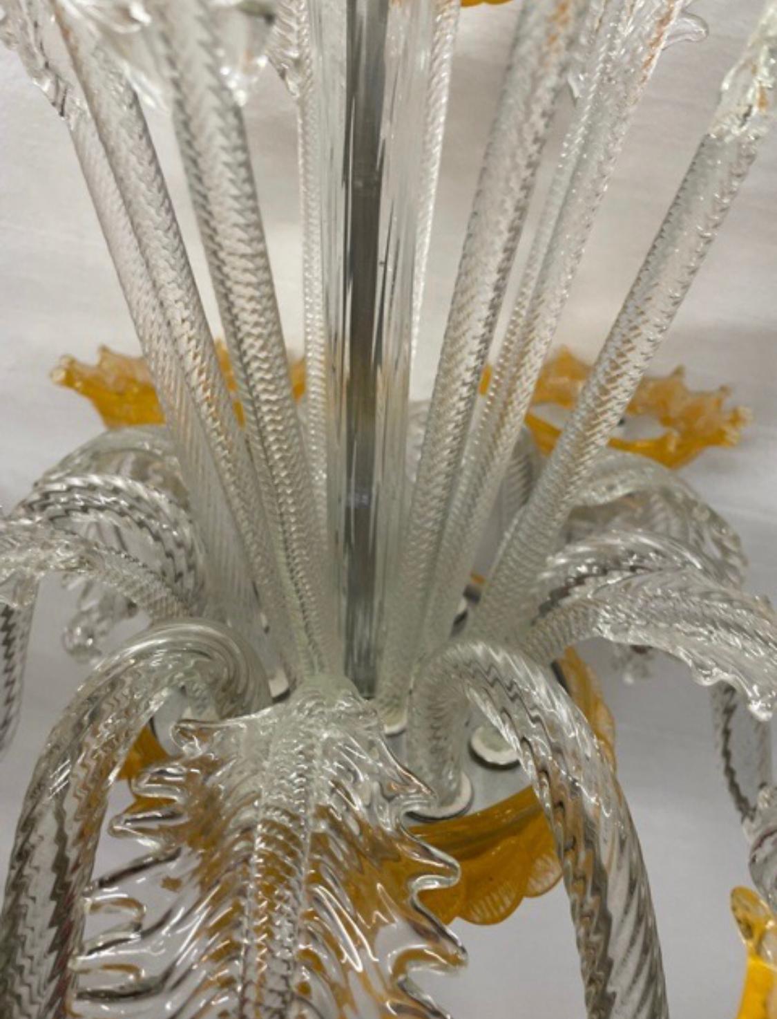 Murano chandelier, clear & yellow, 6 arms chandelier.