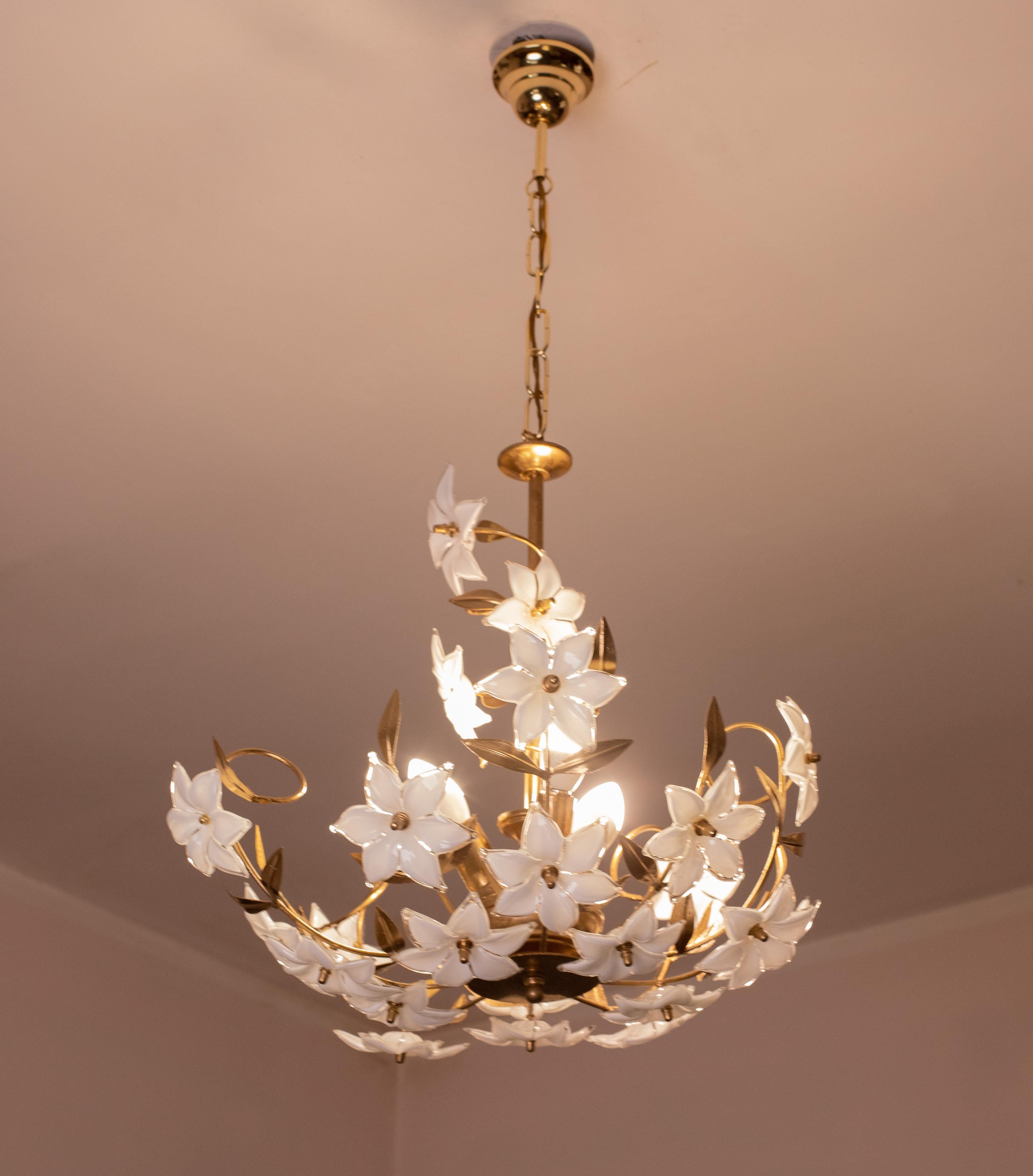 Murano Chandelier Full of White Flowers, 1970s 8