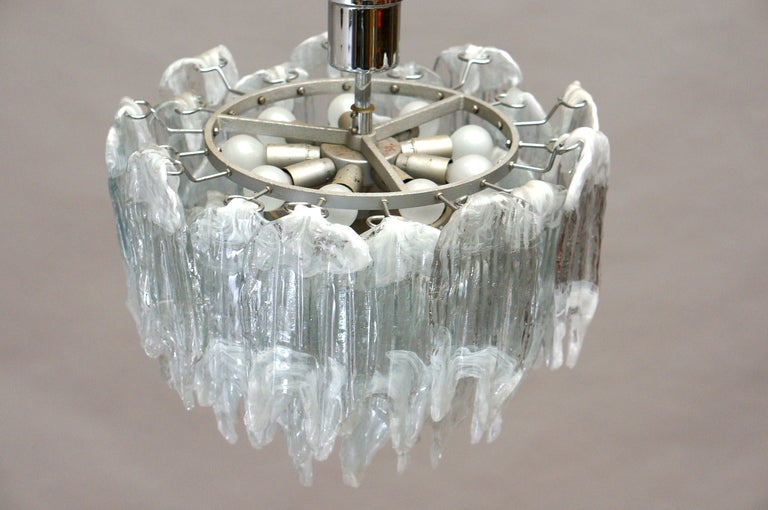 Mid-Century Modern Murano Chandelier Ice Glass and Nickel, 1970 For Sale