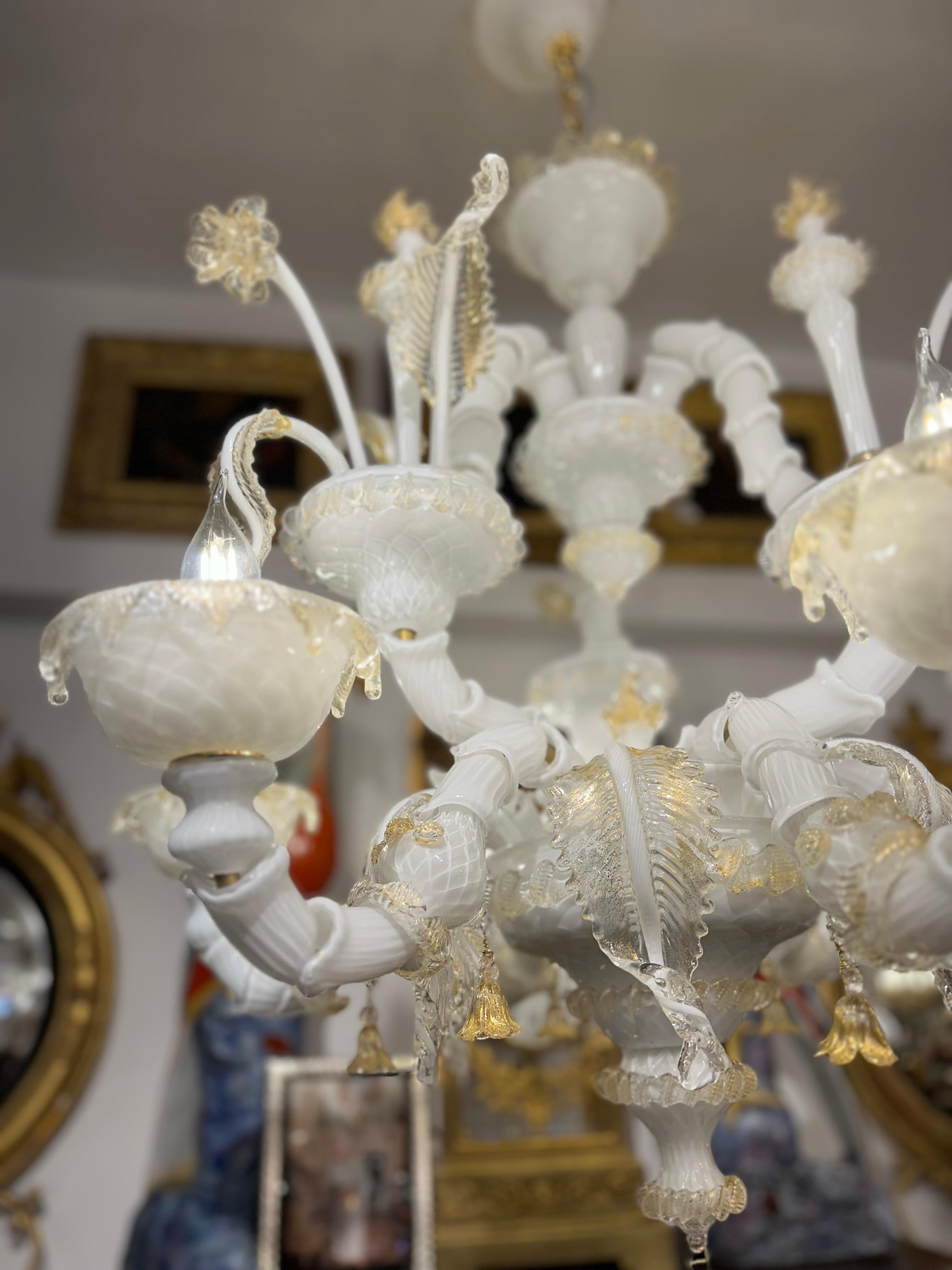 Rococo Murano Chandelier In Frosted White And Gold  For Sale
