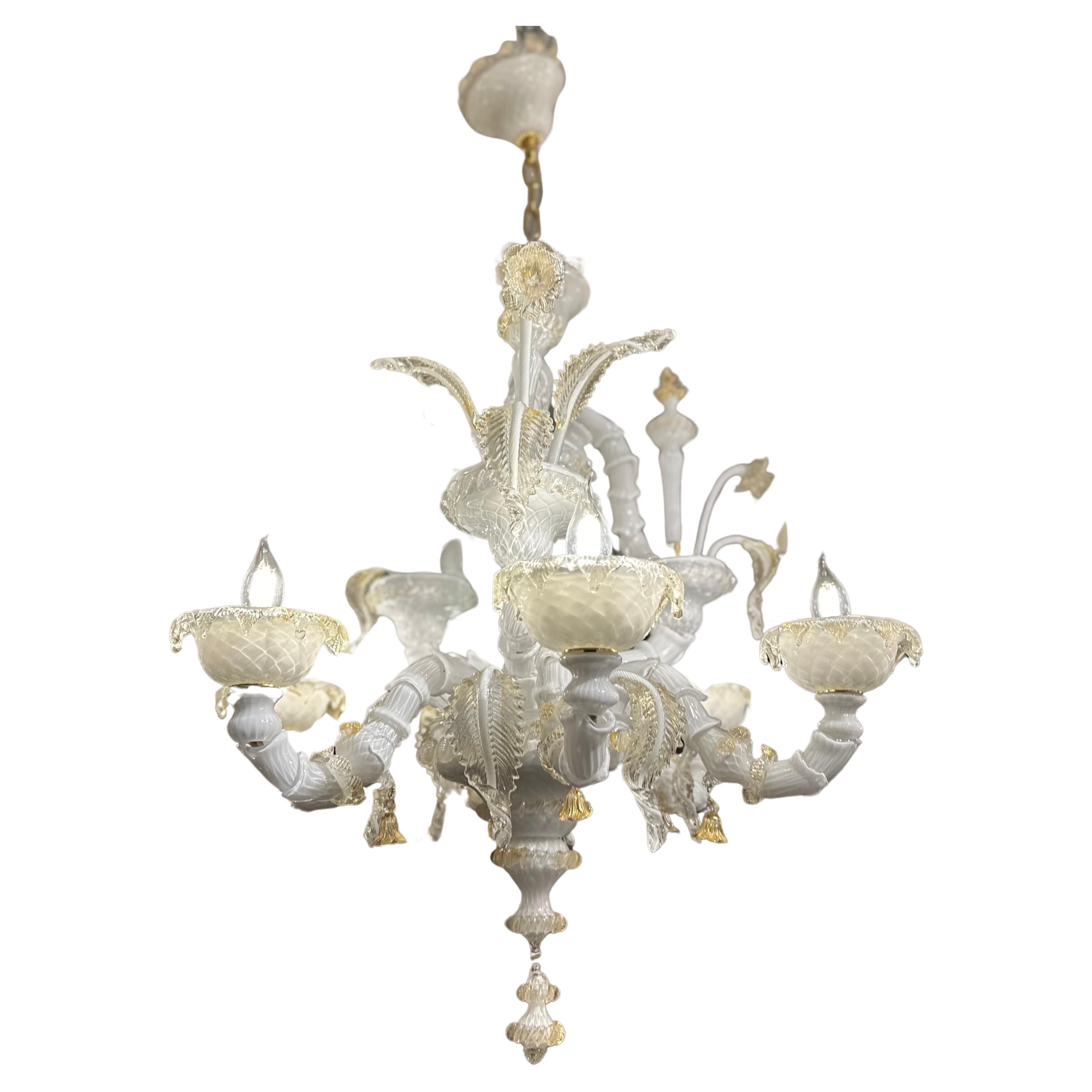 Murano Chandelier In Frosted White And Gold  For Sale