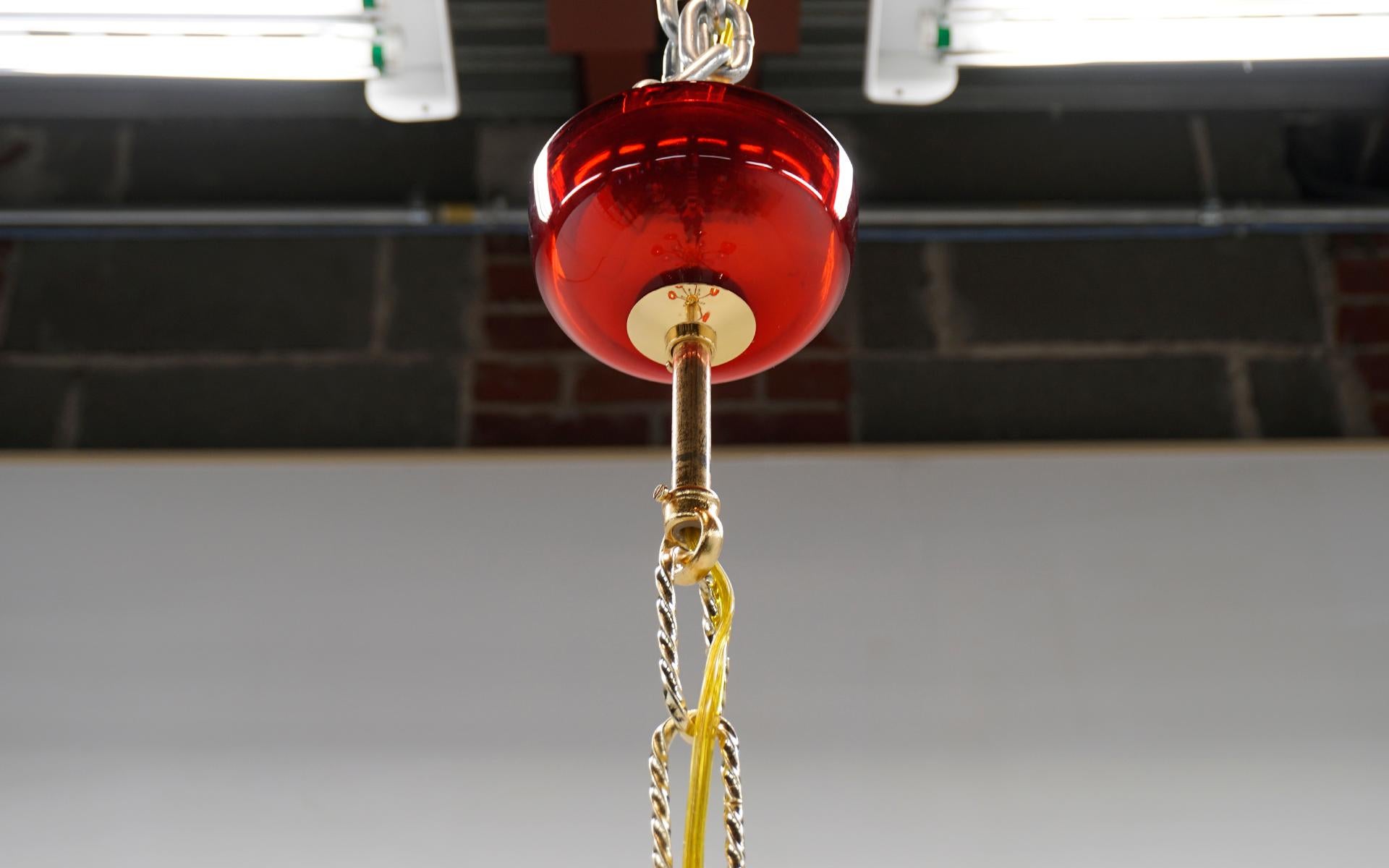 Murano Chandelier in Red and Clear Art Glass w/ Original Glass Ceiling Canopy For Sale 2