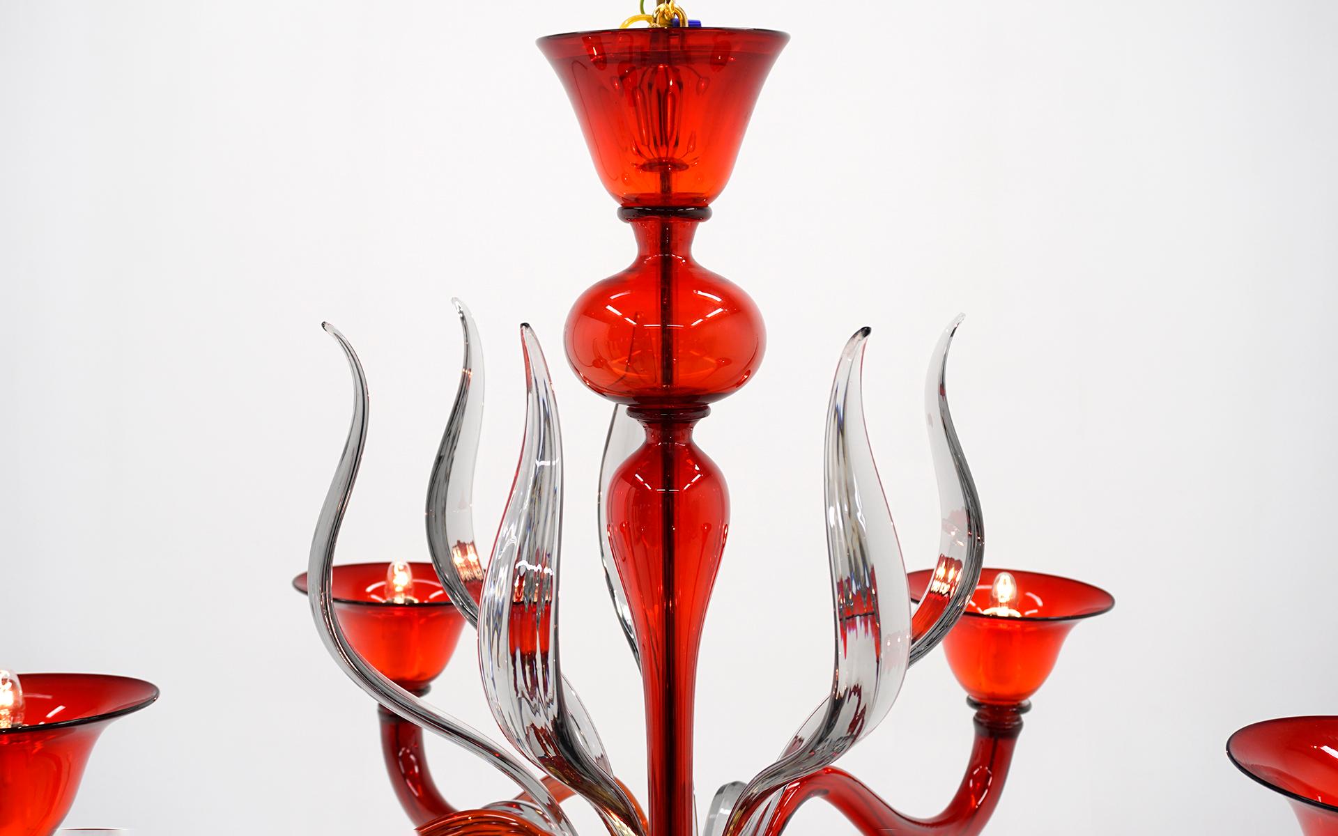 Mid-Century Modern Murano Chandelier in Red and Clear Art Glass w/ Original Glass Ceiling Canopy For Sale