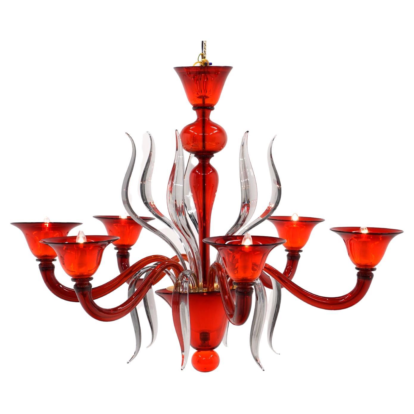 Murano Chandelier in Red and Clear Art Glass w/ Original Glass Ceiling Canopy For Sale