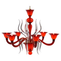 Murano Chandelier in Red and Clear Art Glass w/ Original Glass Ceiling Canopy