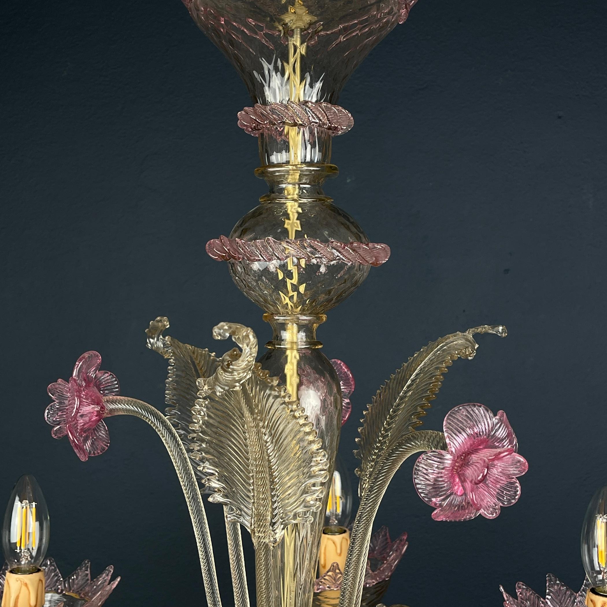 Murano chandelier Italy 1980s Pink and clear For Sale 7