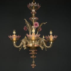 Mid-Century Modern Murano Chandelier, Pink & Clear Glass, Italy, 1980s