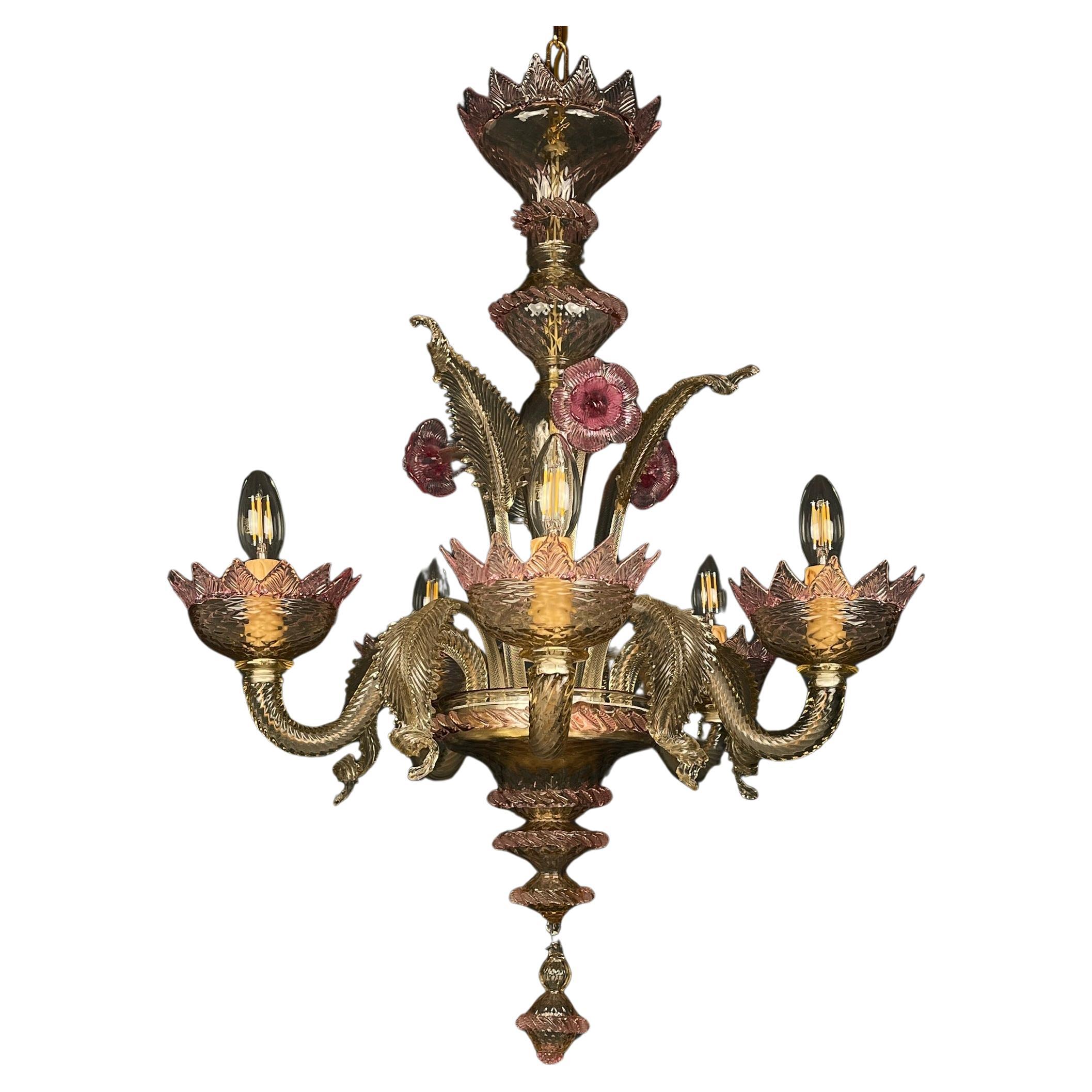 Murano chandelier Italy 1980s Pink and clear For Sale