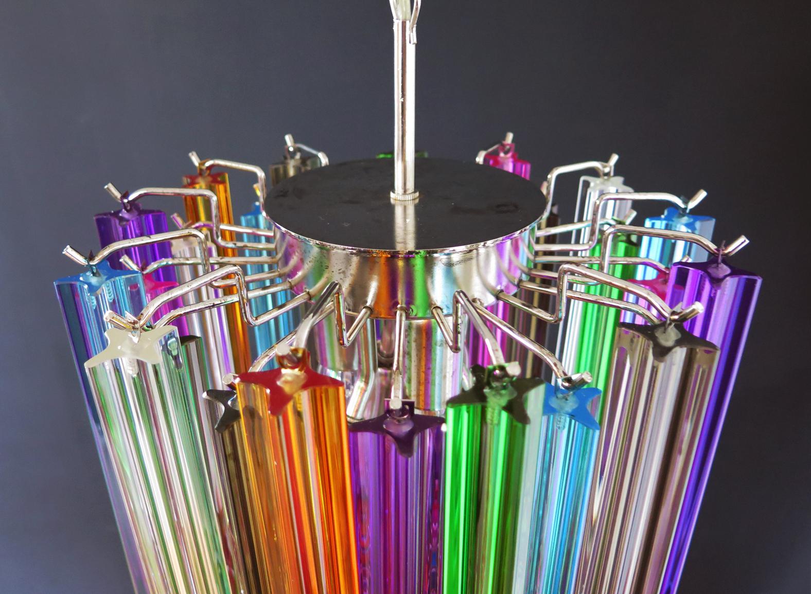 Fantastic vintage Murano chandelier made by 46 Murano crystal multicolored prism in a nickel metal frame.
Period: late 20th century
Dimensions: 55.10 inches height (140 cm) with chain, 27.50 inches height (70 cm) without chain, 12.6 inches
