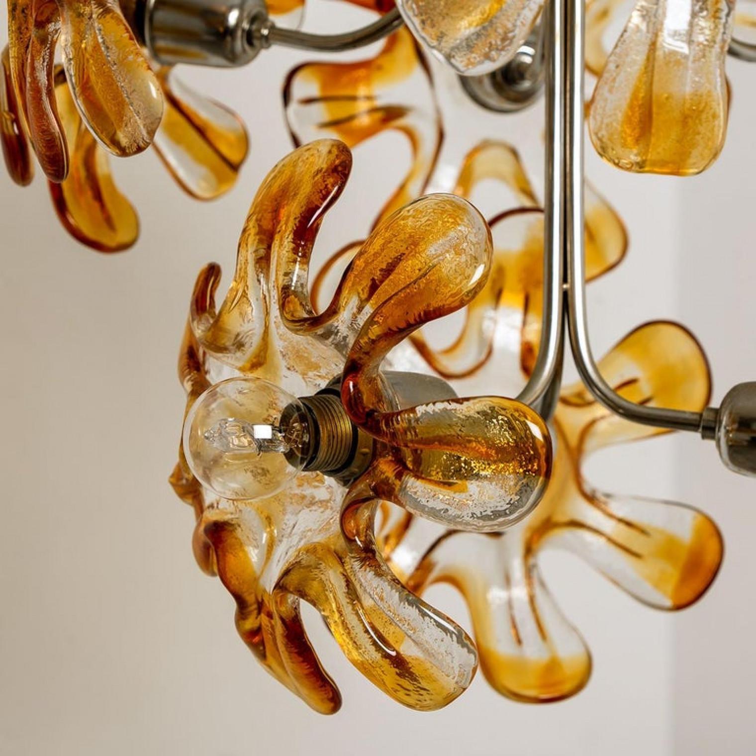 Murano Chandelier Orange Clear Glass, Chrome, by Mazzega, 1960s For Sale 2