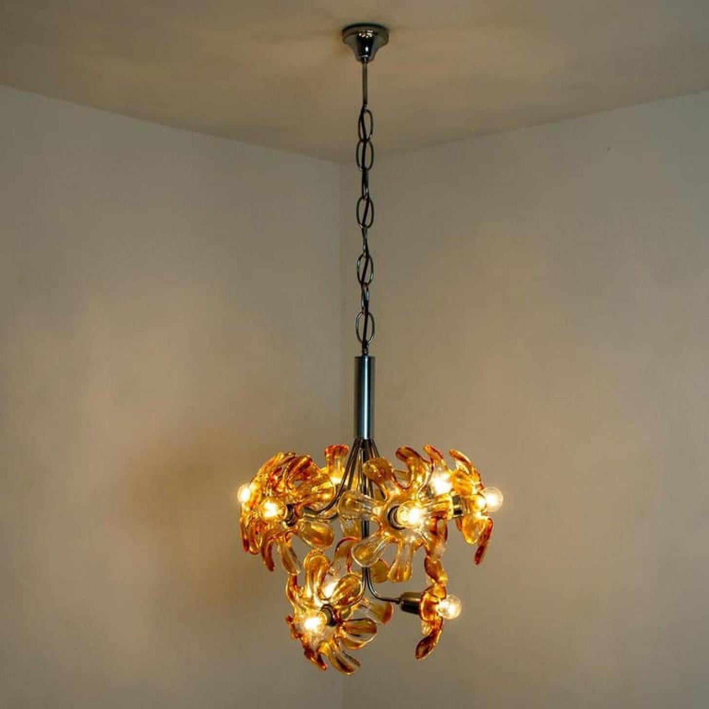 Murano-Kronleuchter aus orangefarbenem Klarglas, Chrom, von Mazzega, 1960er Jahre im Angebot 7