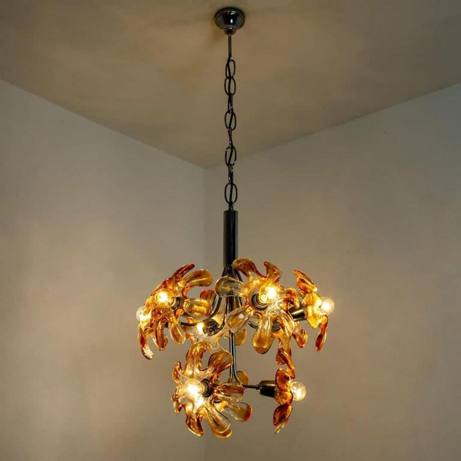 Murano-Kronleuchter aus orangefarbenem Klarglas, Chrom, von Mazzega, 1960er Jahre im Angebot 8