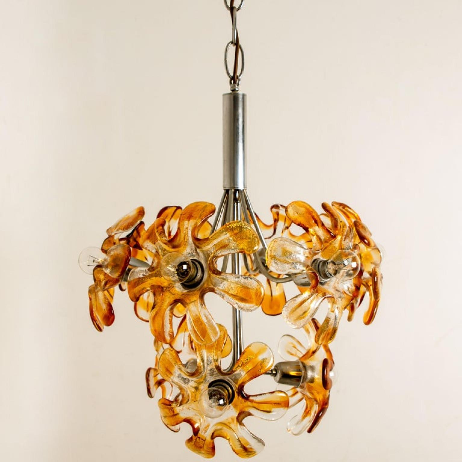 Mid-Century Modern Murano Chandelier Orange Clear Glass, Chrome, by Mazzega, 1960s For Sale
