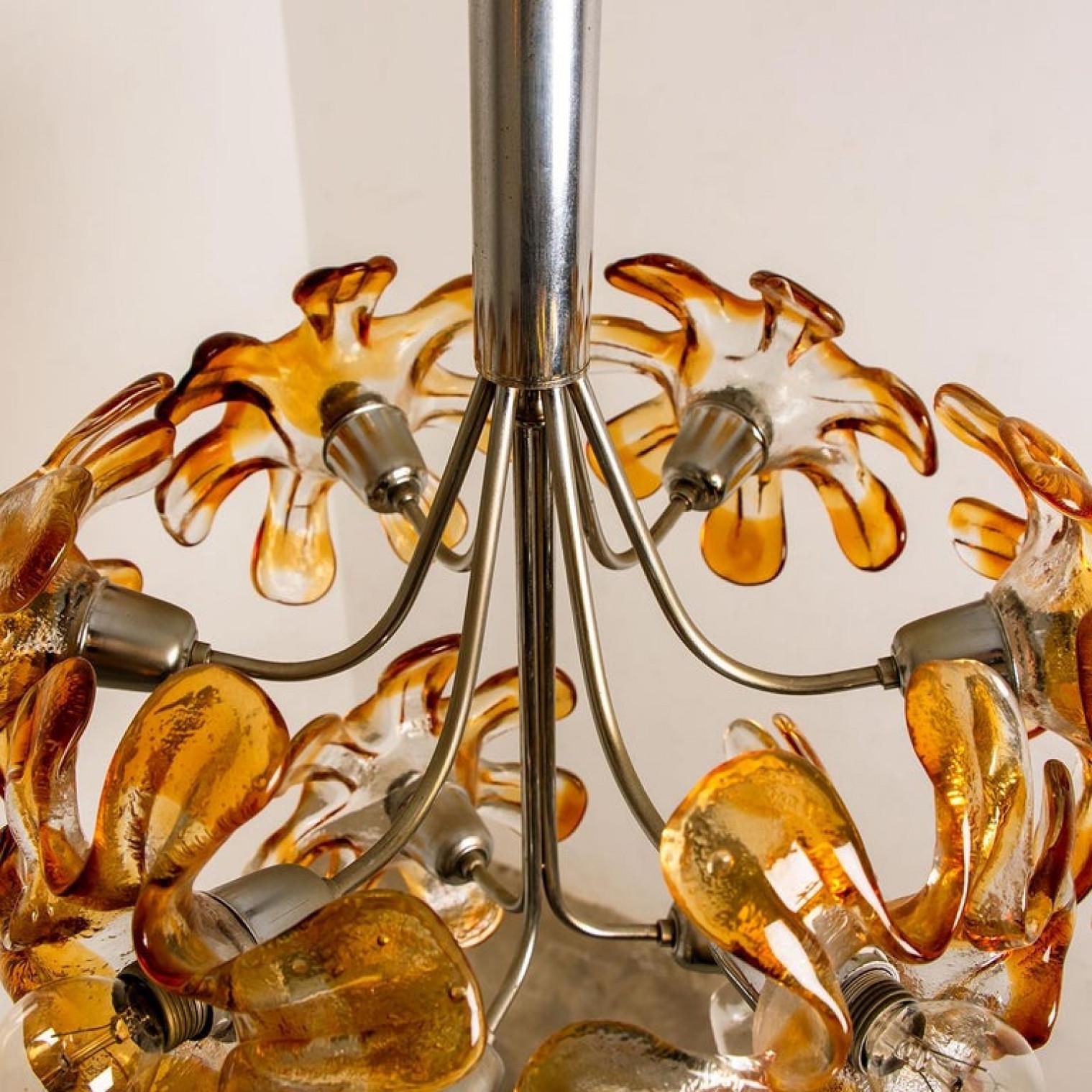 Murano Chandelier Orange Clear Glass, Chrome, by Mazzega, 1960s In Good Condition For Sale In Rijssen, NL