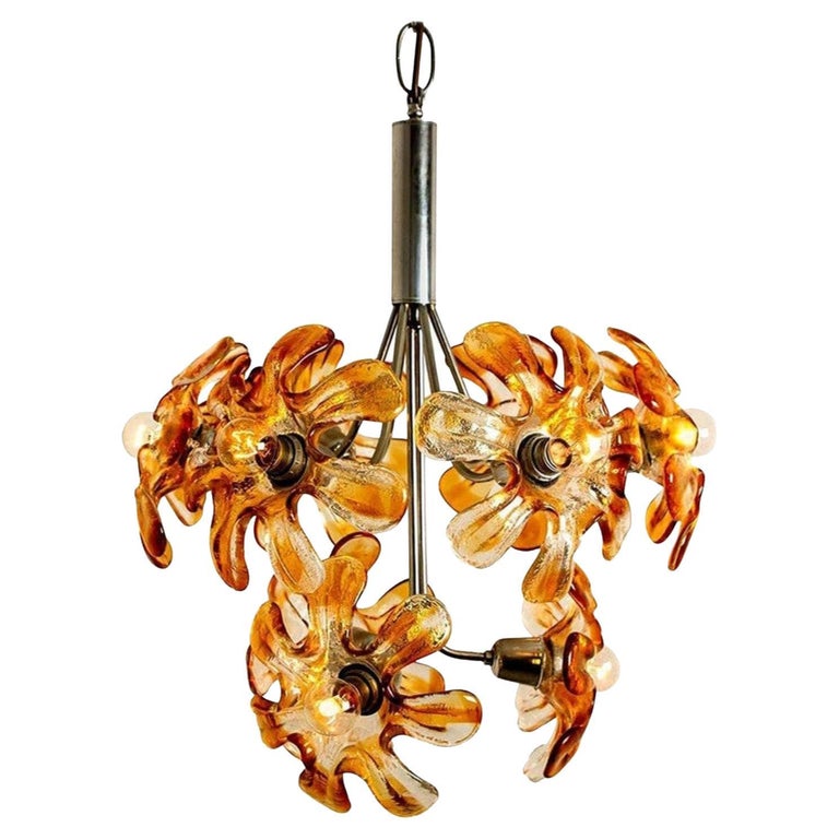 Lustre de Murano en verre de Murano transparent orange, chrome, par ...
