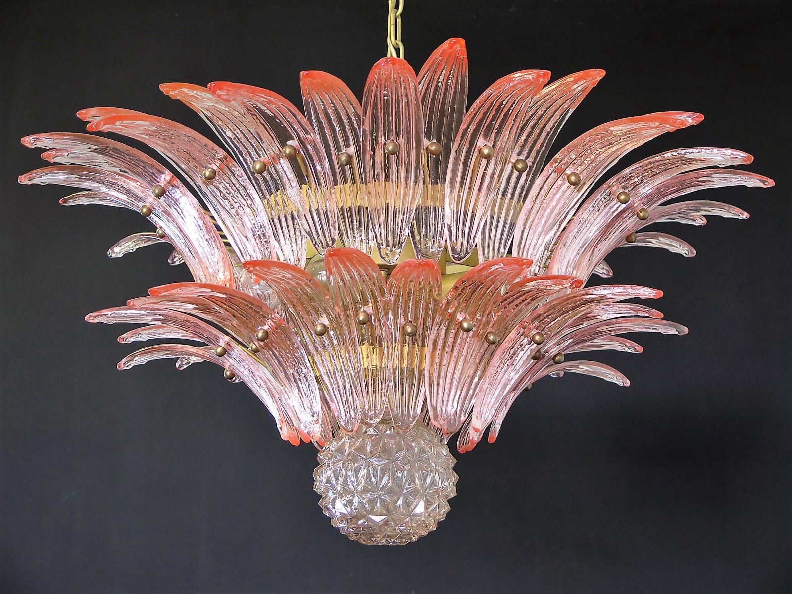 Mid-Century Modern Murano Chandelier Original Palmette, Pink Glass