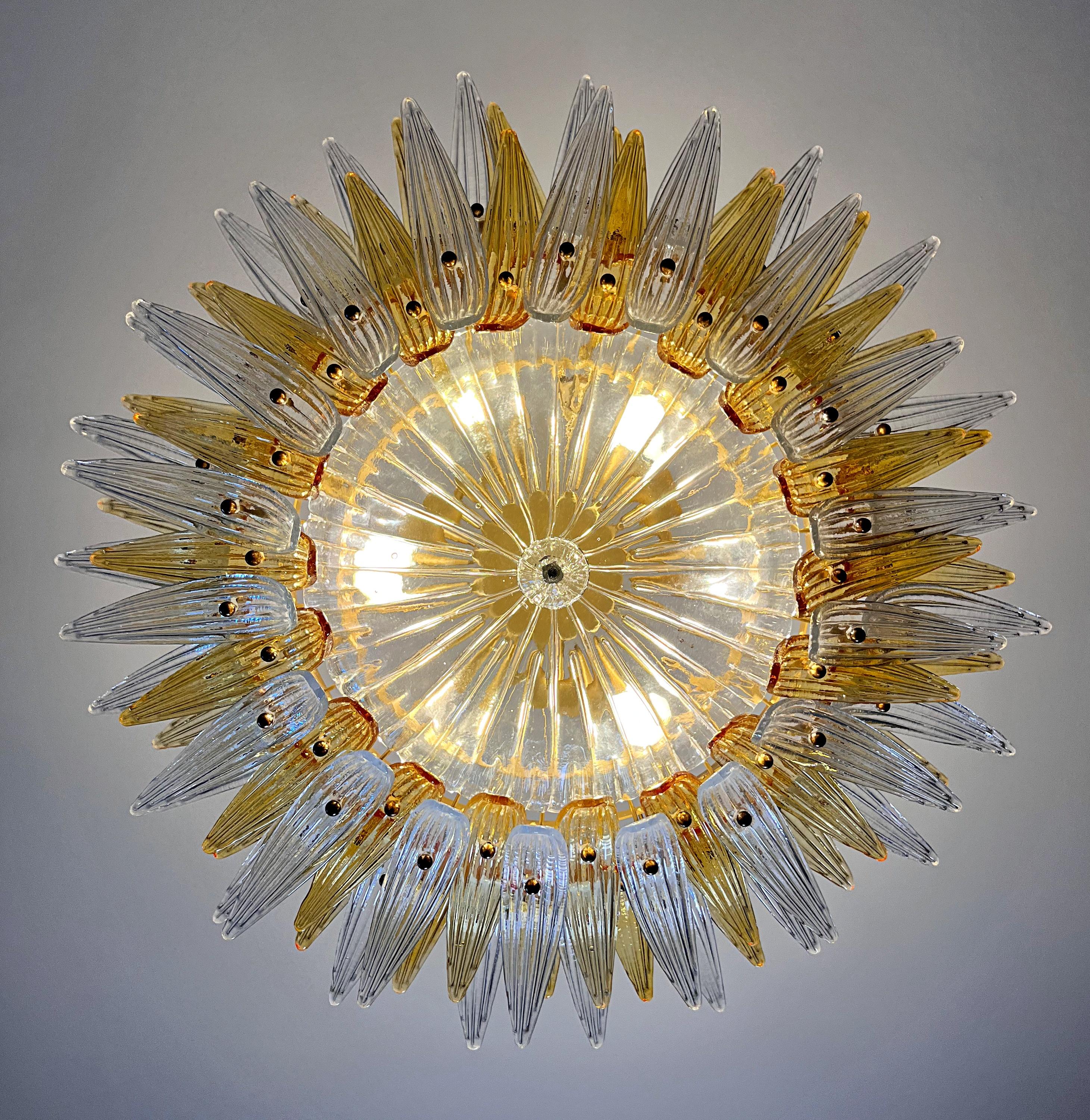 Murano Chandelier Original Palmette, two levels, 82 amber and clear glasses in vendita 11