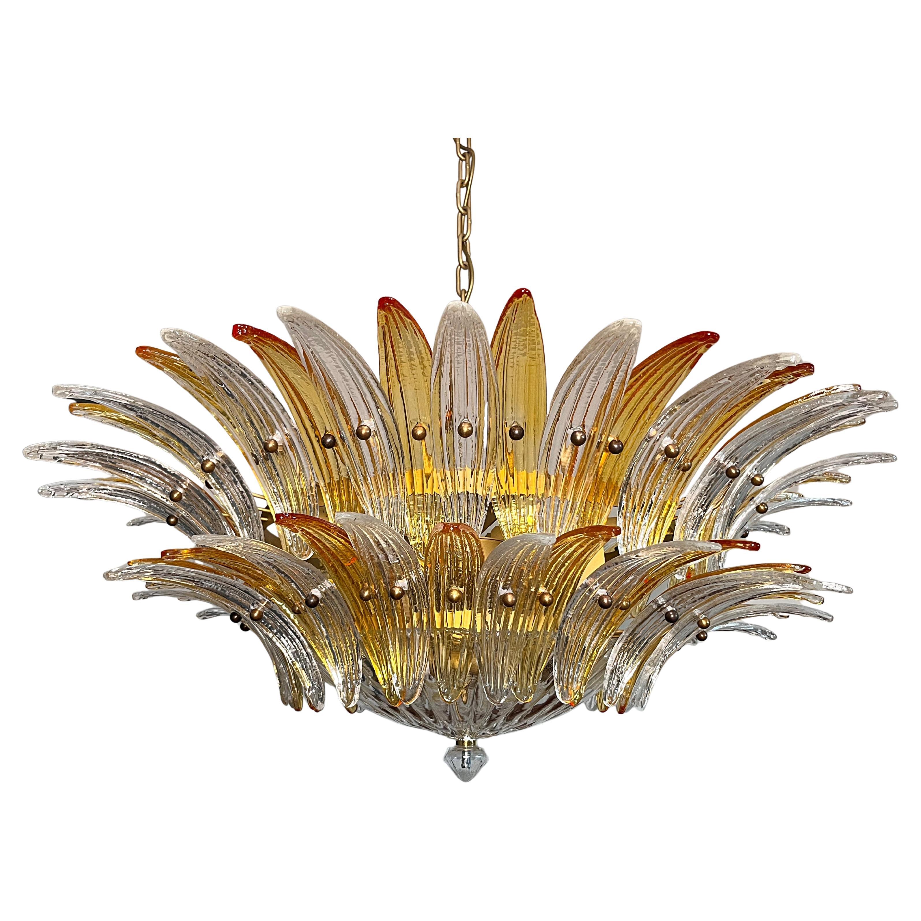 Murano Chandelier Original Palmette, two levels, 82 amber and clear glasses