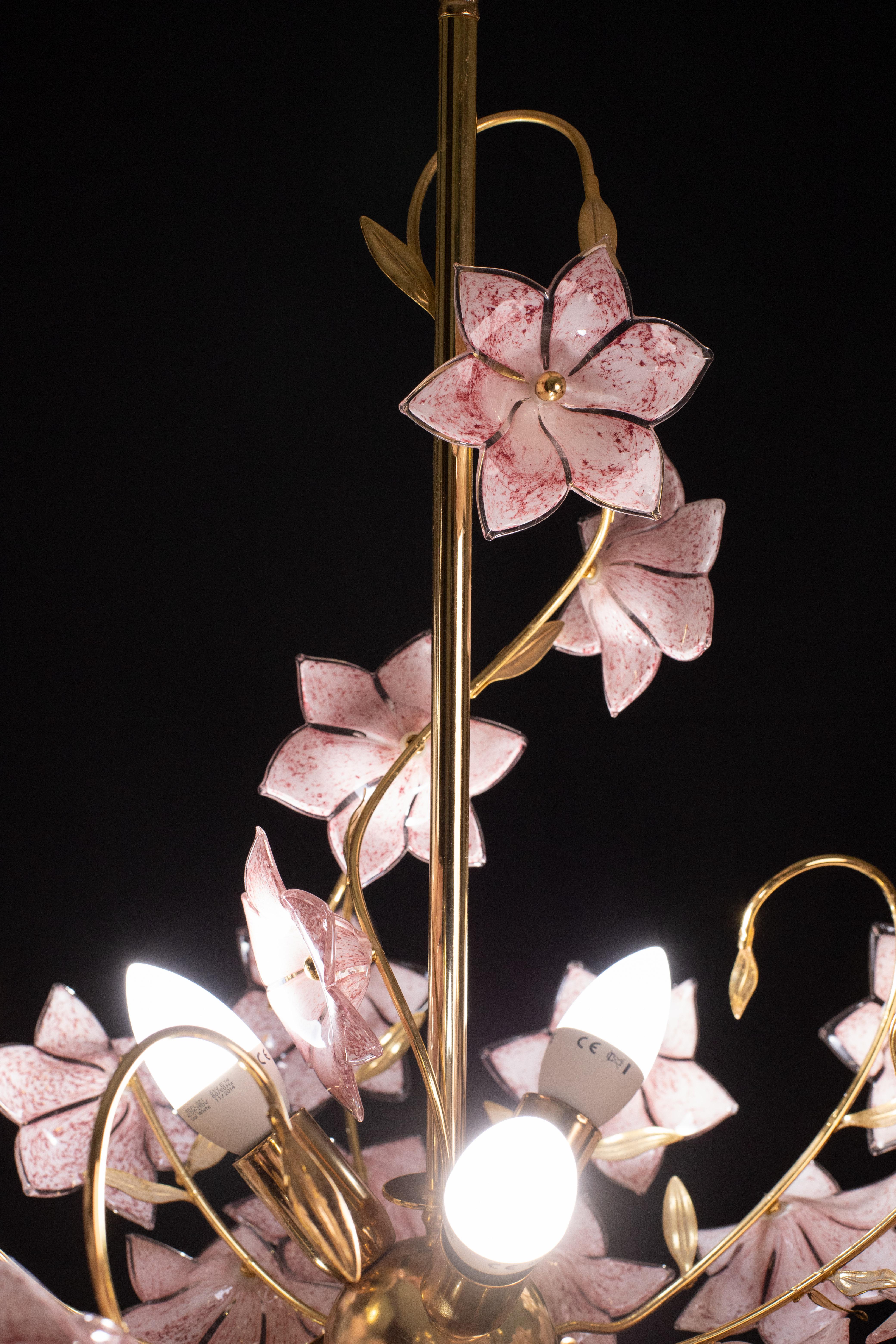 Murano Glass Murano Chandelier Pink Flowers, 1970 For Sale