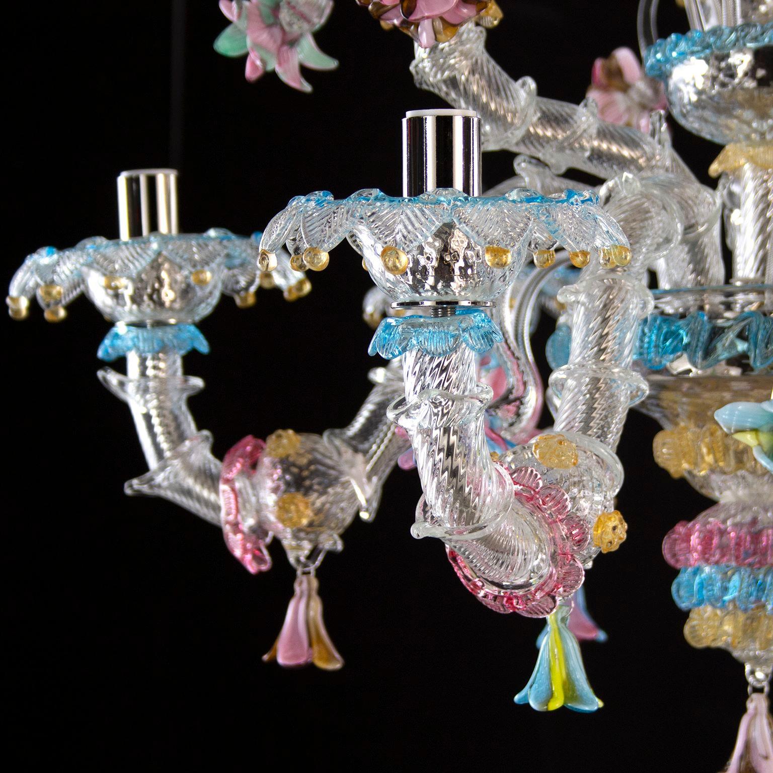 Lustre de Murano Rezzonico à 6 bras en verre transparent multicolore par Multiforme  en vente 5