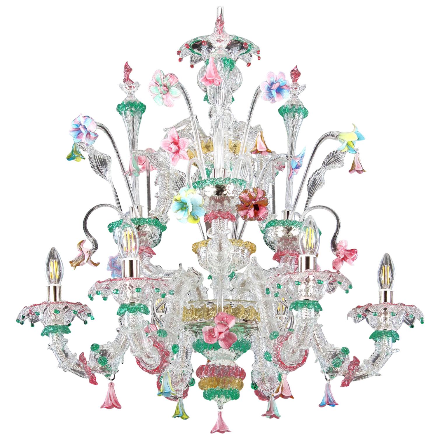 Lampadario italiano di Murano Rezzonico a 6 bracci in vetro multicolore Multiforme in magazzino