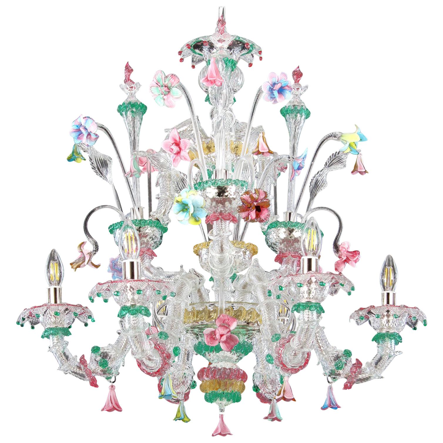 Lustre italien de Murano Rezzonico à 6 bras en verre multicolore en stock