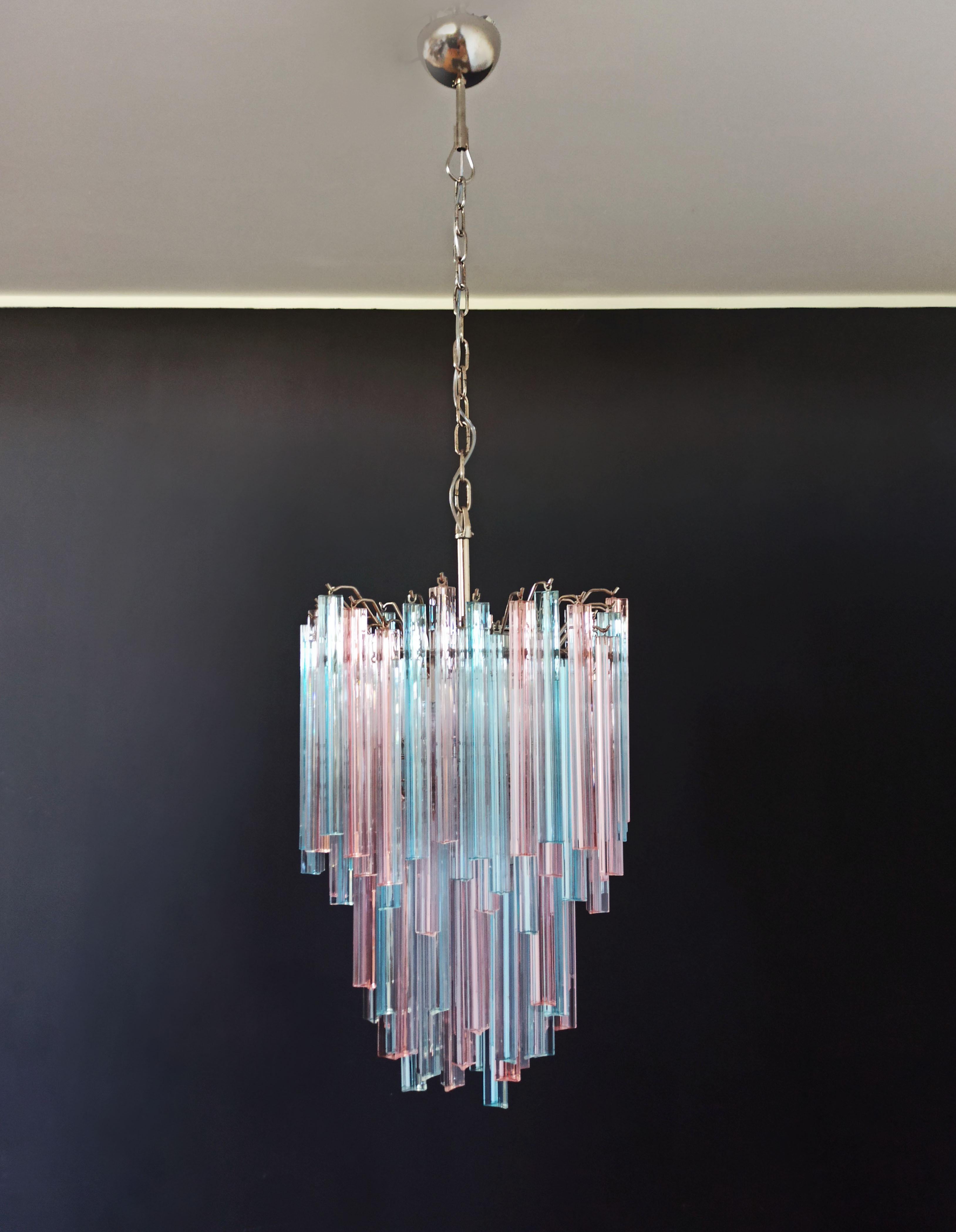 Fantastic vintage Murano chandelier made by 92 Murano blue and pink crystal prism in a nickel metal frame.

Period: Late 20th century

Dimensions: 53.15 inches height (135 cm) with chain; 29.50 inches height (75 cm) without chain; 17.70 inches